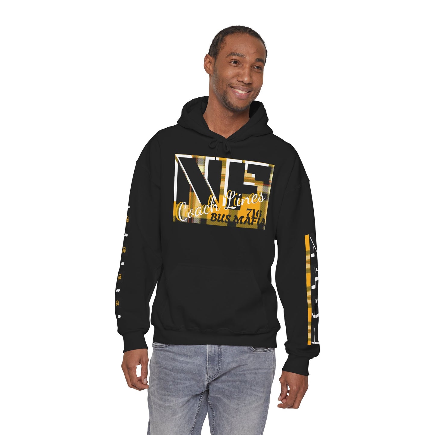 Z...h..NFCL WORK ATTIRE Niagara Falls Coach Lines Hoodie with yellow/black plaid Sleeve Graphics