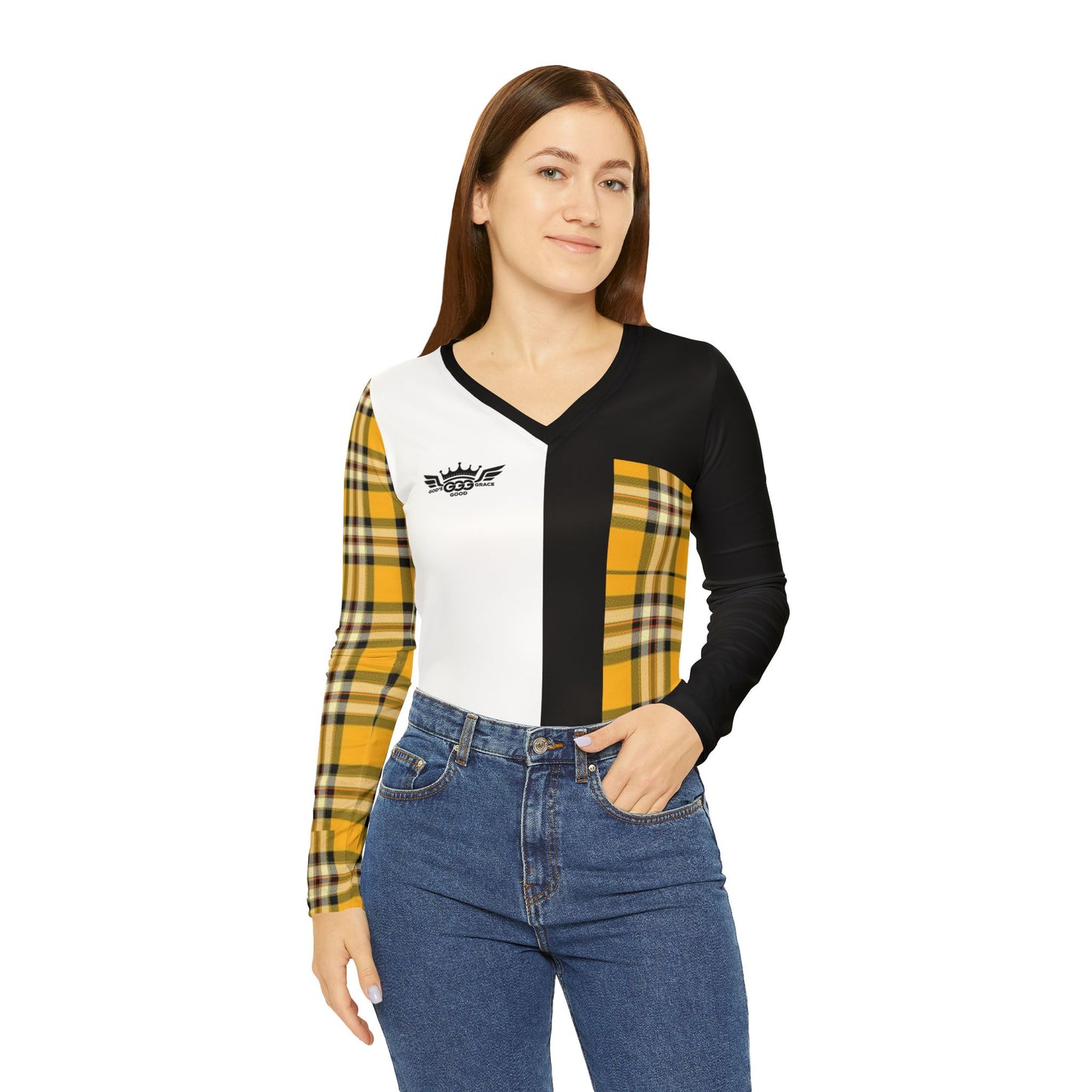 E...GGG yellow,black,white design Women's V‑Neck Long Sleeve — (petite to plus size)