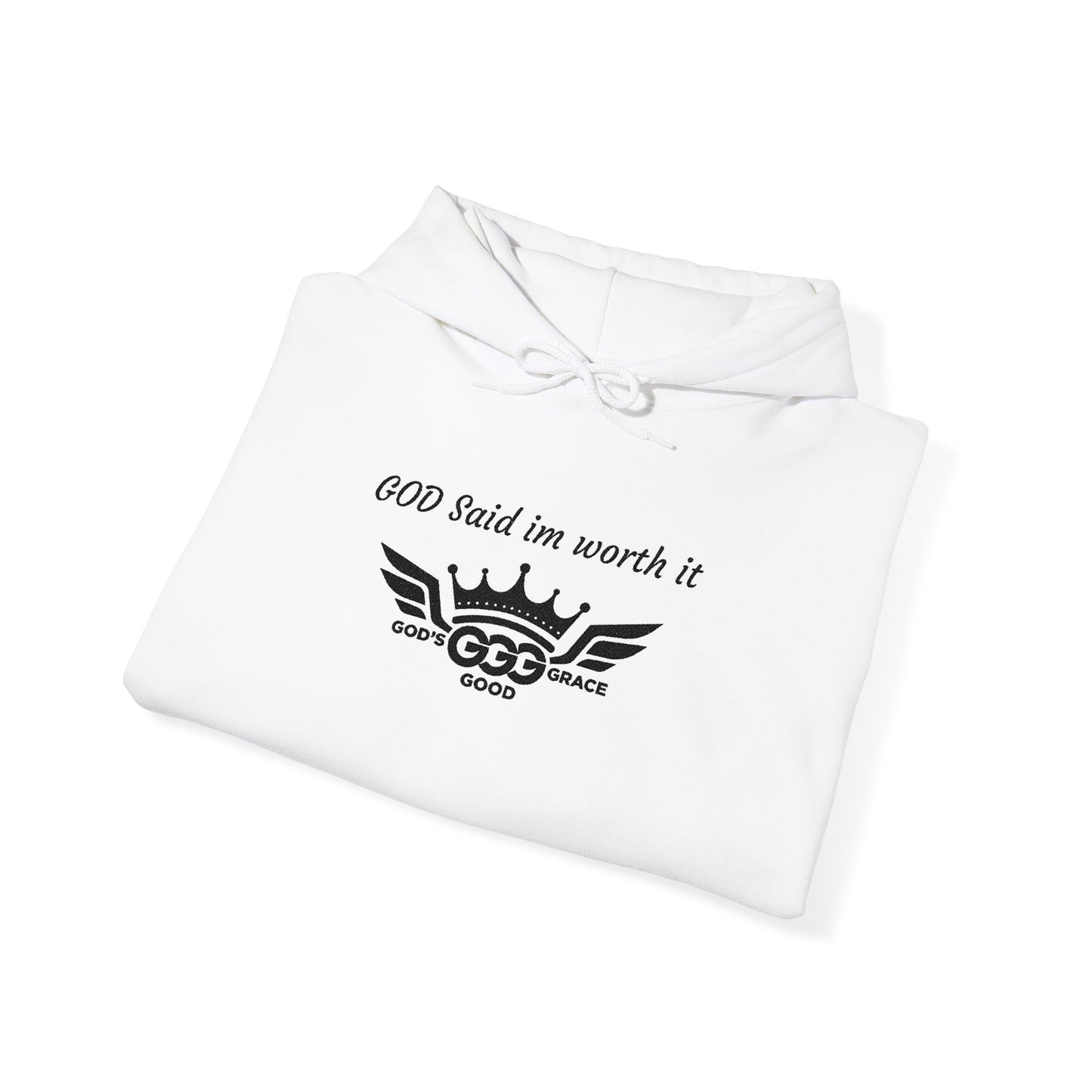 E...GGG a p Black Logo EMBROIDERY God said I'm worth it Hoodie MULTIPLE COLORS