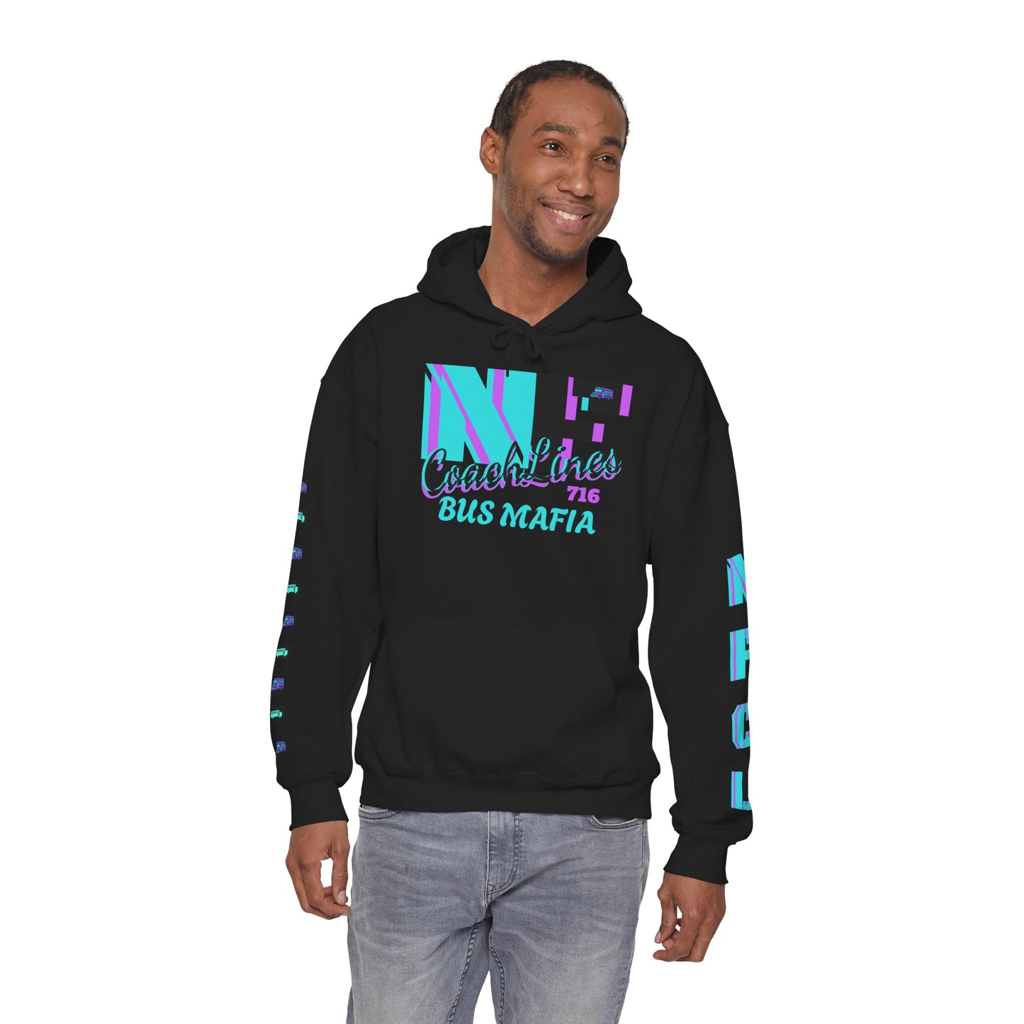 Z...e..NFCL WORK ATTIRE Niagara Falls Coach Lines Hoodie with turquoise/purple/black Sleeve Graphics