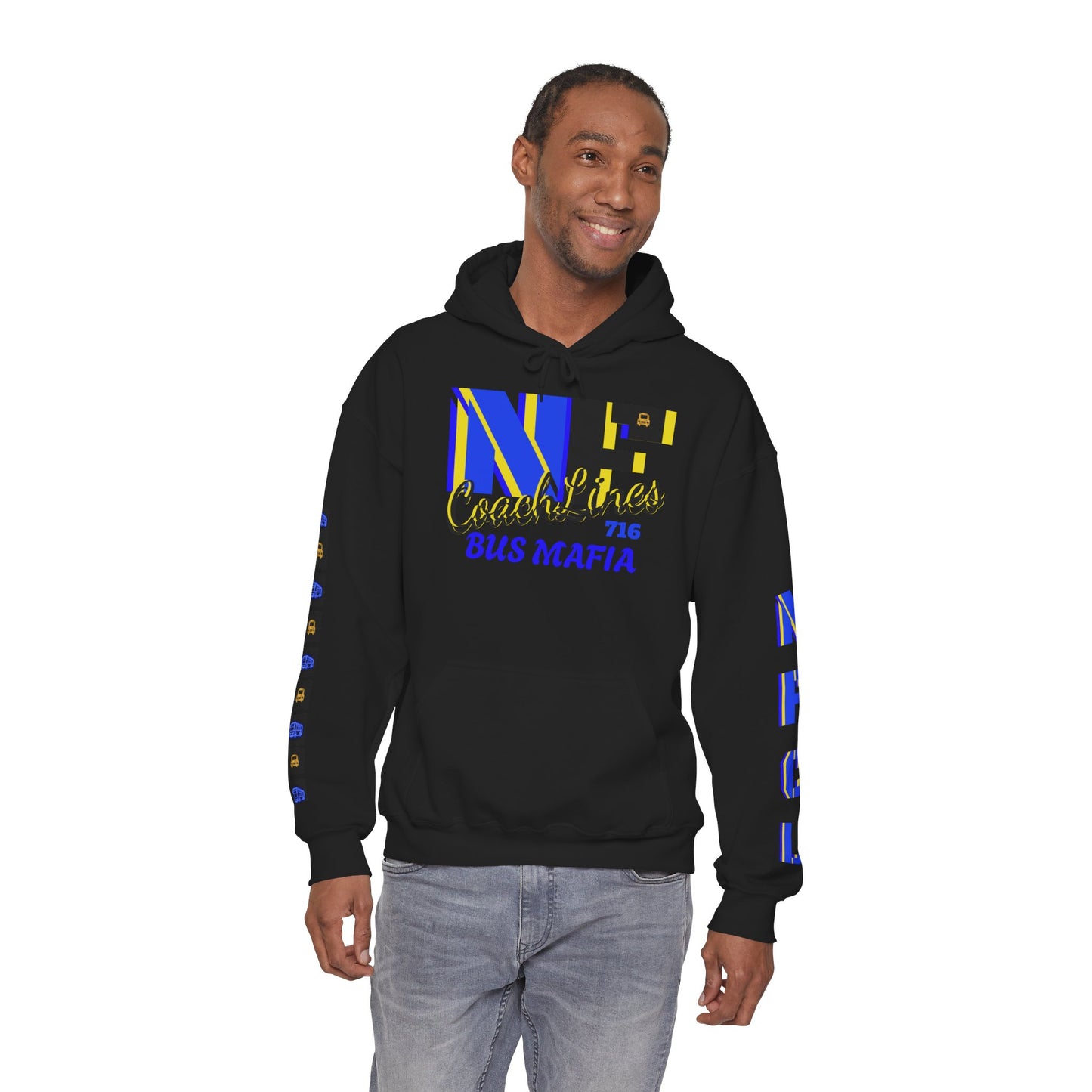 Z...c..NFCL WORK ATTIRE Niagara Falls Coach Lines Hoodie with yellow/blue/black Sleeve Graphics
