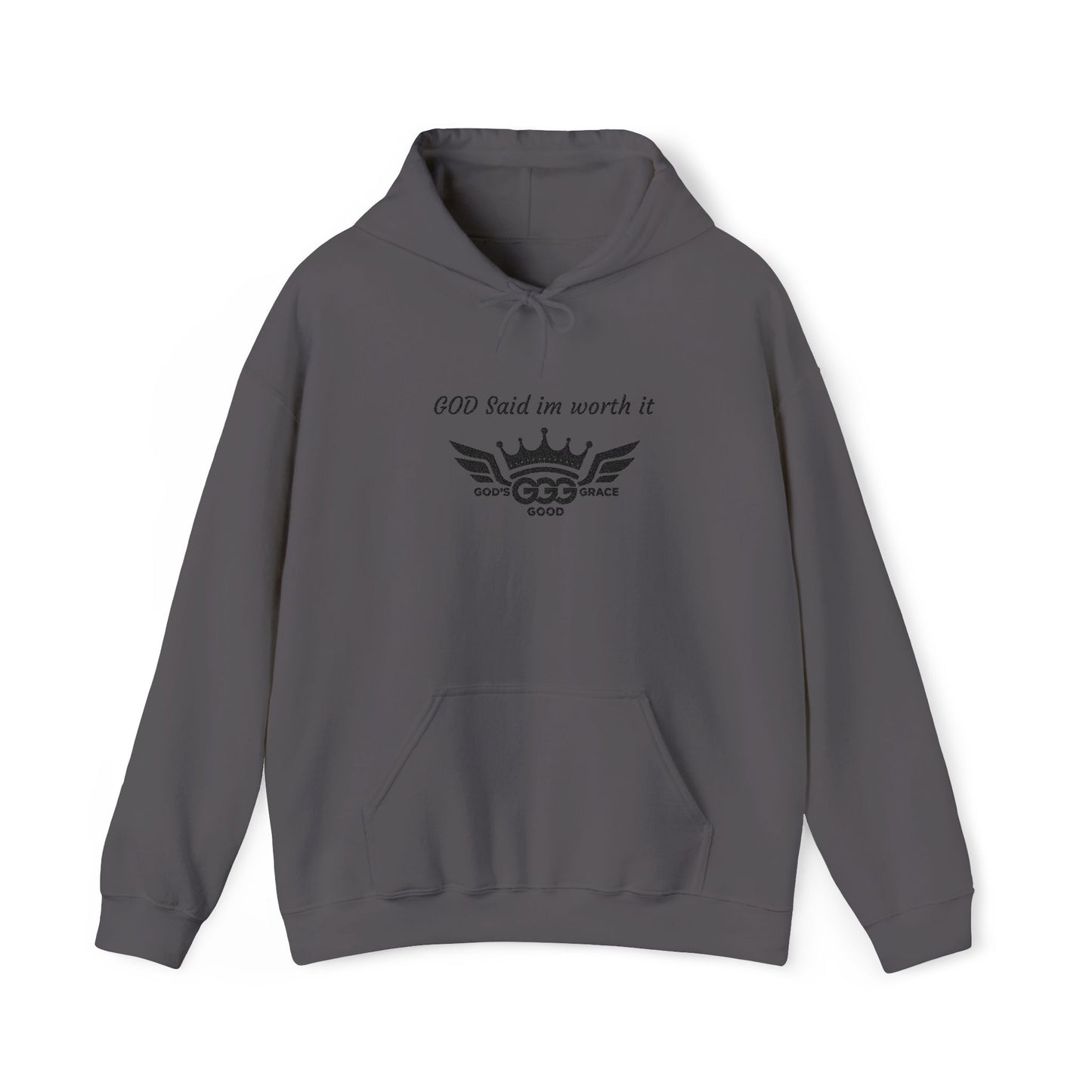 E...GGG a p Black Logo EMBROIDERY God said I'm worth it Hoodie MULTIPLE COLORS