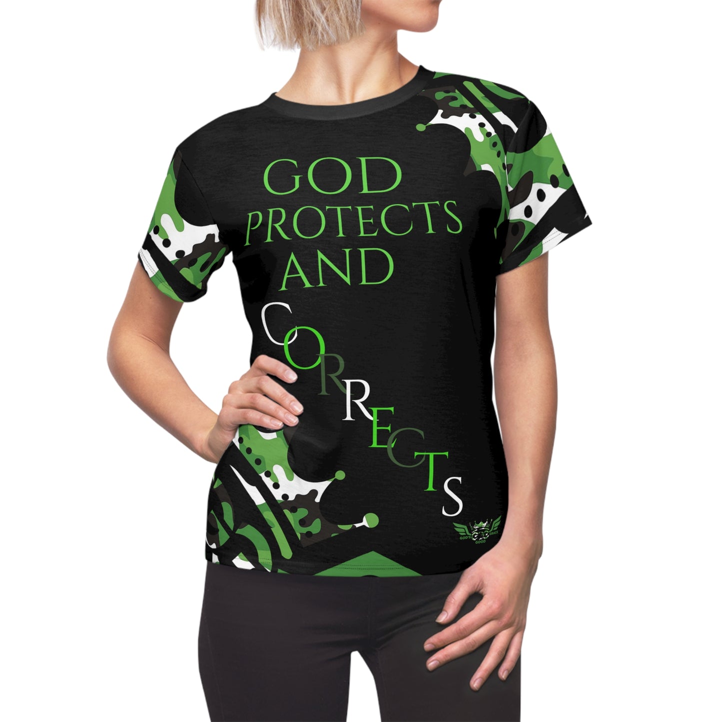 S...GGG z.a....GOD PROTECTS Camouflage green design Women's AOP Cut & Sew Tee
