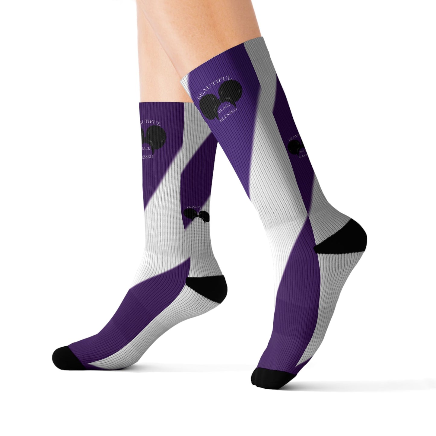 A.................................Beautiful,Black,Blessed..purple/white GGG design Sublimation Socks