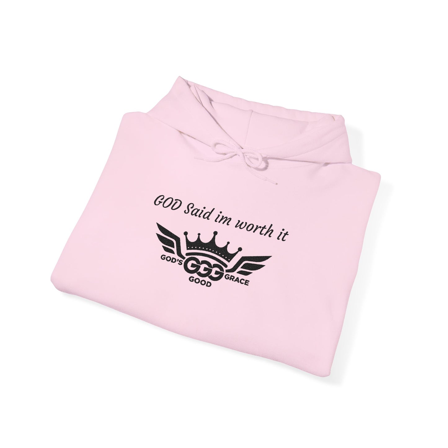 E...GGG a p Black Logo EMBROIDERY God said I'm worth it Hoodie MULTIPLE COLORS