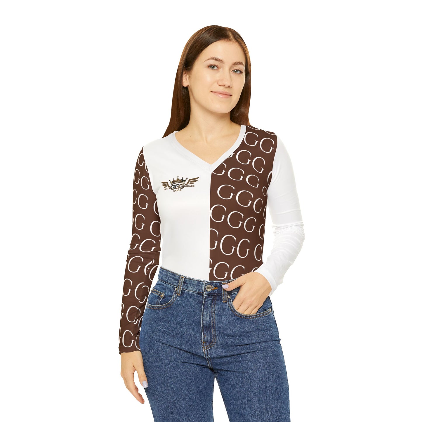 M...c brown design GGG Women's V‑Neck Long Sleeve — (petite to plus size)