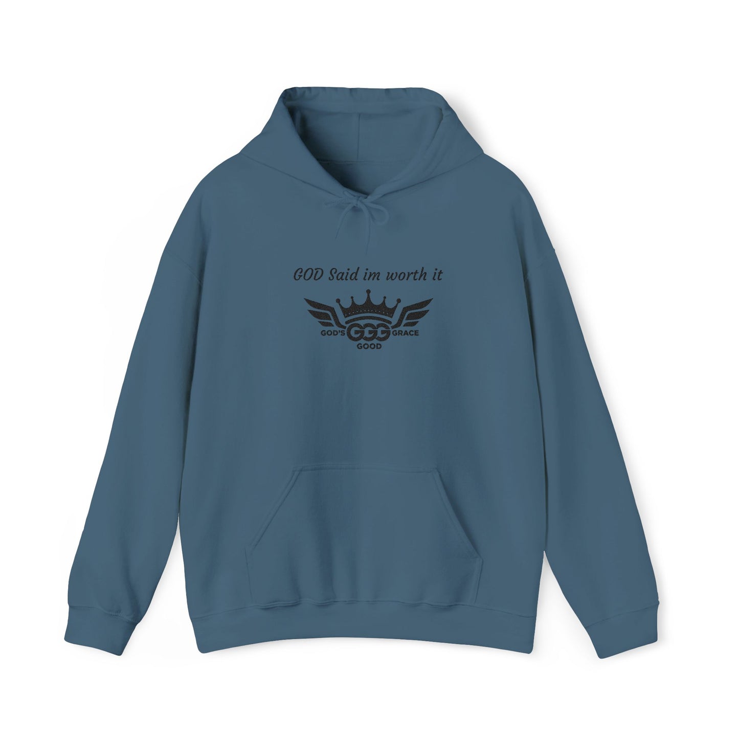 E...GGG a p Black Logo EMBROIDERY God said I'm worth it Hoodie MULTIPLE COLORS