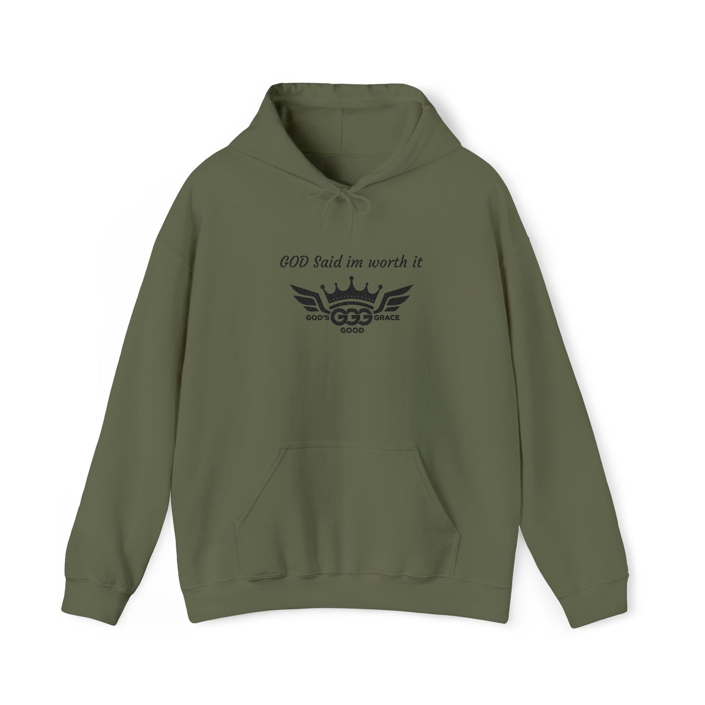E...GGG a p Black Logo EMBROIDERY God said I'm worth it Hoodie MULTIPLE COLORS