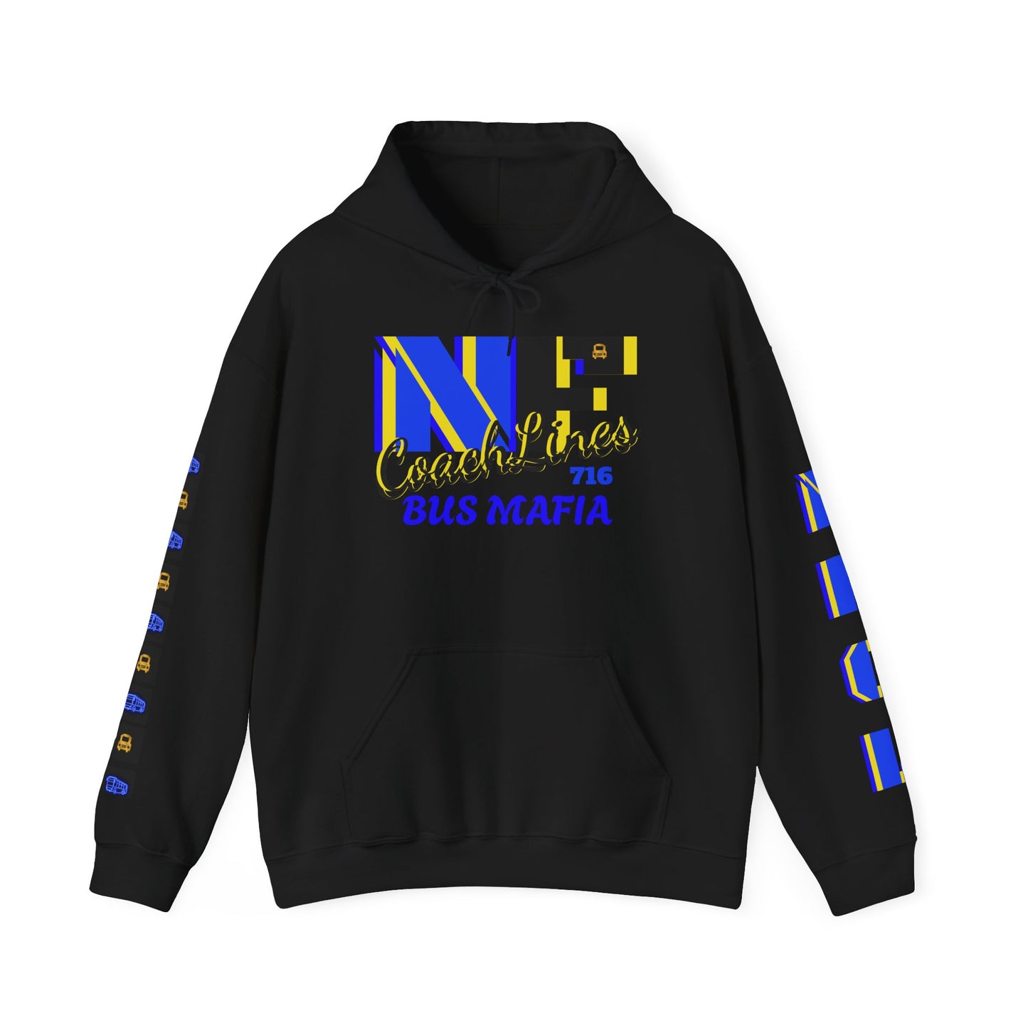 Z...c..NFCL WORK ATTIRE Niagara Falls Coach Lines Hoodie with yellow/blue/black Sleeve Graphics