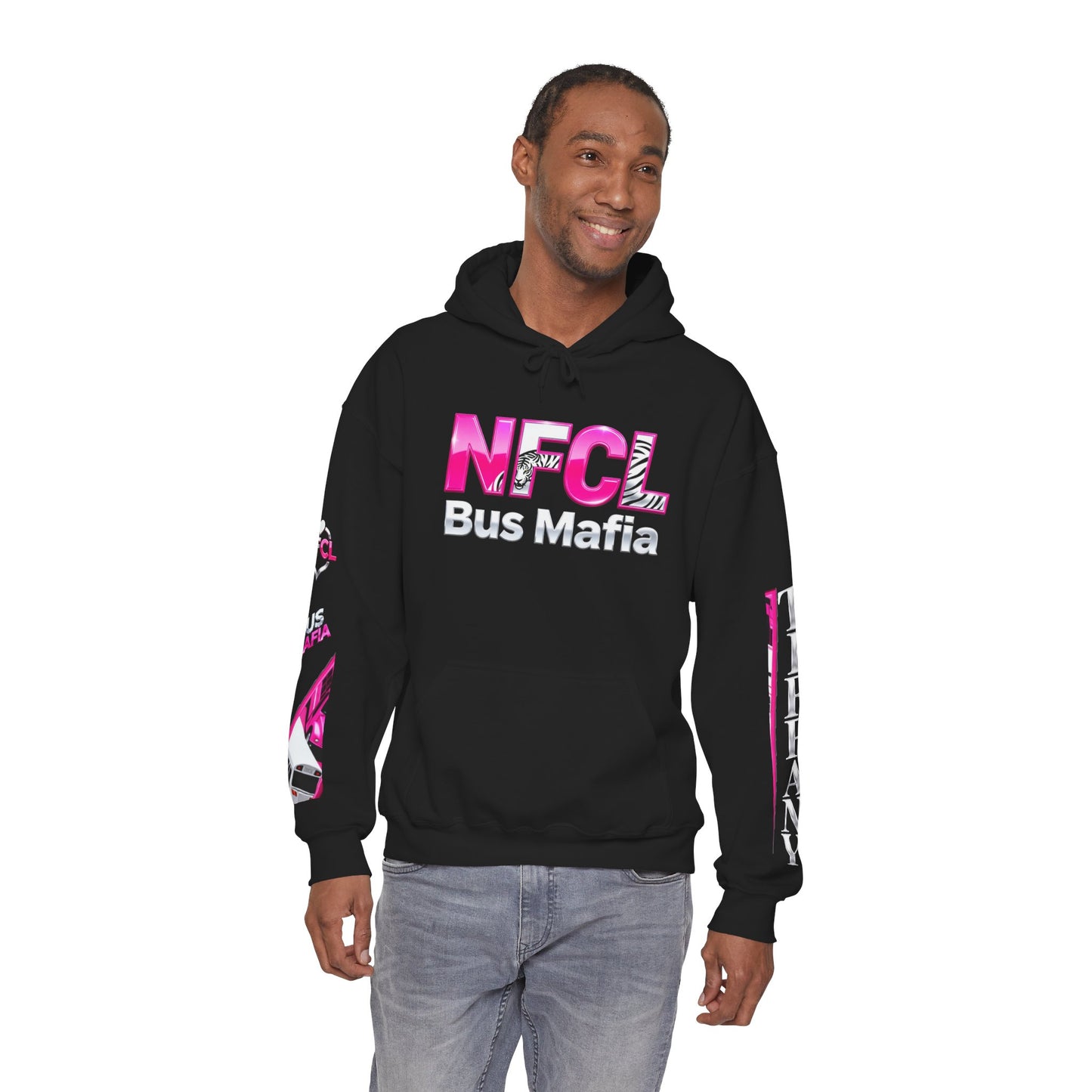 Zzz_TIFF CUSTOMIZED....NFCL WORK ATTIRE Niagara Falls Coach Lines Hoodie with HOT PINK,WHITE/BLACK Sleeve Graphics