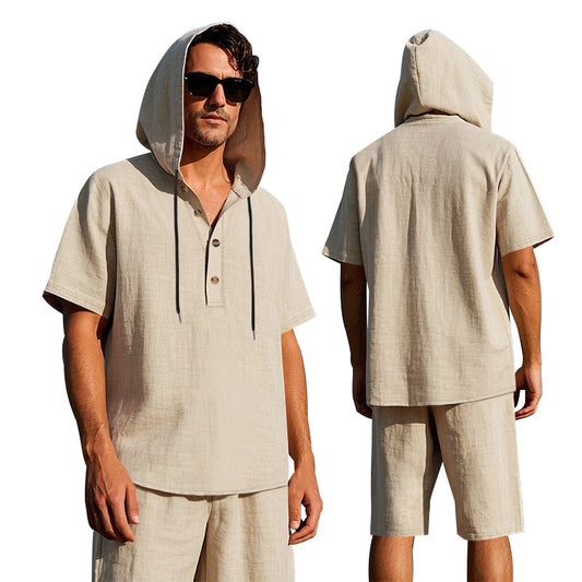 E...Men's Linen Hooded Shirt and Shorts