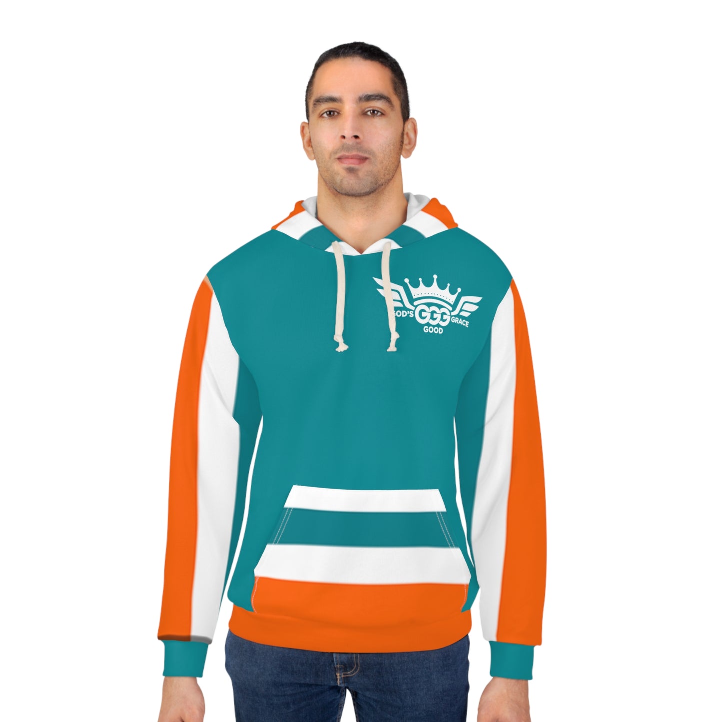 B...WHITE LOGO orange/white design..turquoise Unisex Pullover Hoodie (AOP)