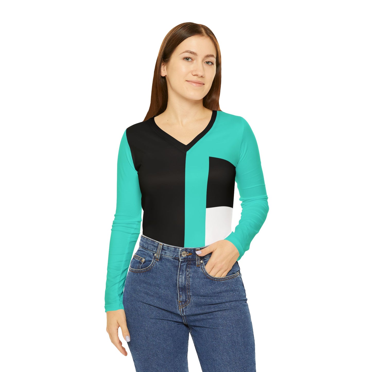 A...GGG turquoise,black,white design Women's V‑Neck Long Sleeve — (petite to plus size)