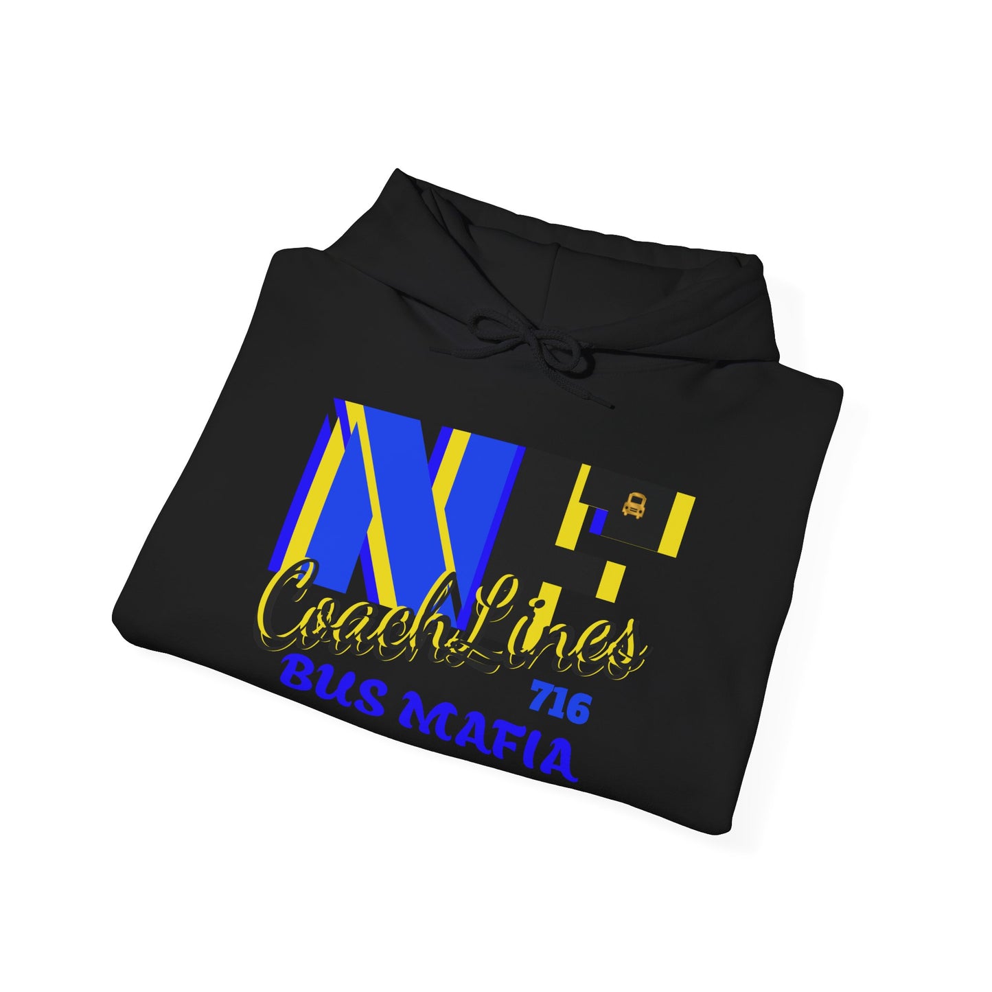 Z...c..NFCL WORK ATTIRE Niagara Falls Coach Lines Hoodie with yellow/blue/black Sleeve Graphics