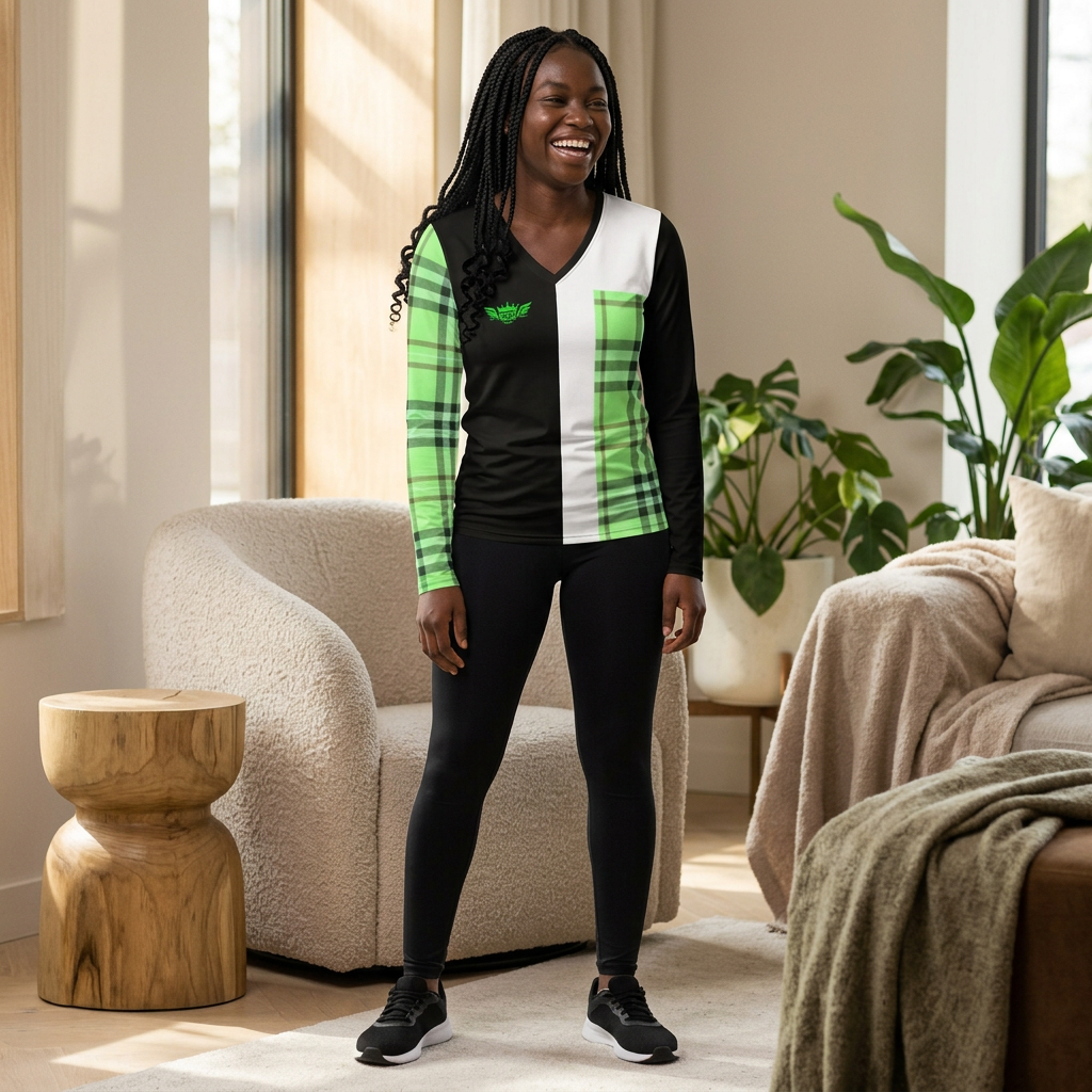 H...GGG fluorescent green,black,white design Women's V‑Neck Long Sleeve — (petite to plus size)