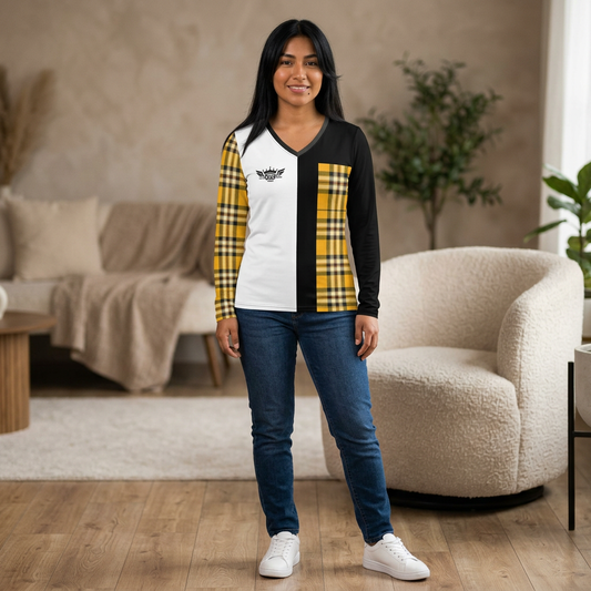 E...GGG yellow,black,white design Women's V‑Neck Long Sleeve — (petite to plus size)