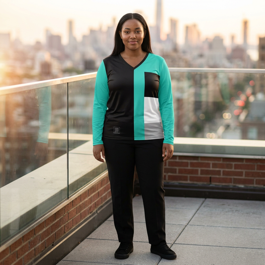 A...GGG turquoise,black,white design Women's V‑Neck Long Sleeve — (petite to plus size)