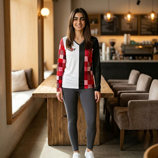 J...GGG red,black,white design Women's V‑Neck Long Sleeve — (petite to plus size)