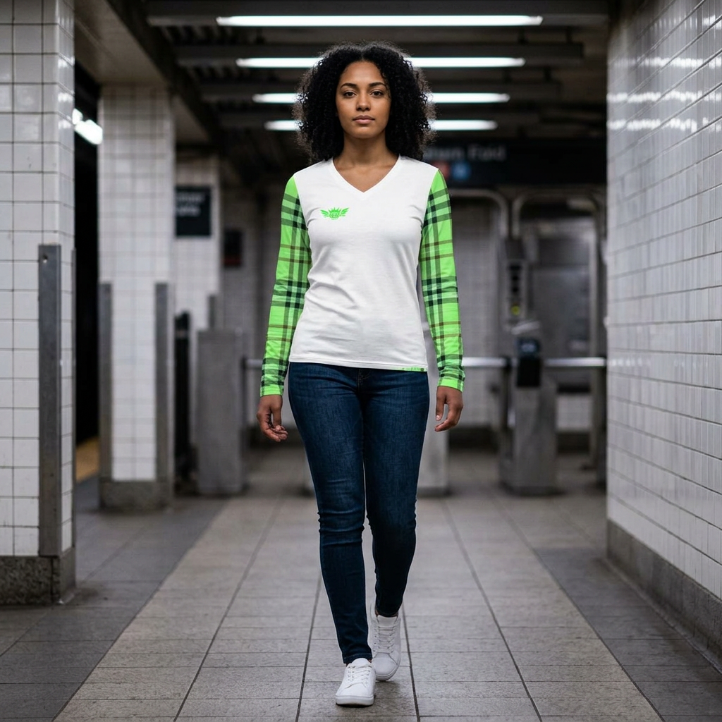 K...GGG fluorescent green,white design Women's V‑Neck Long Sleeve — (petite to plus size)