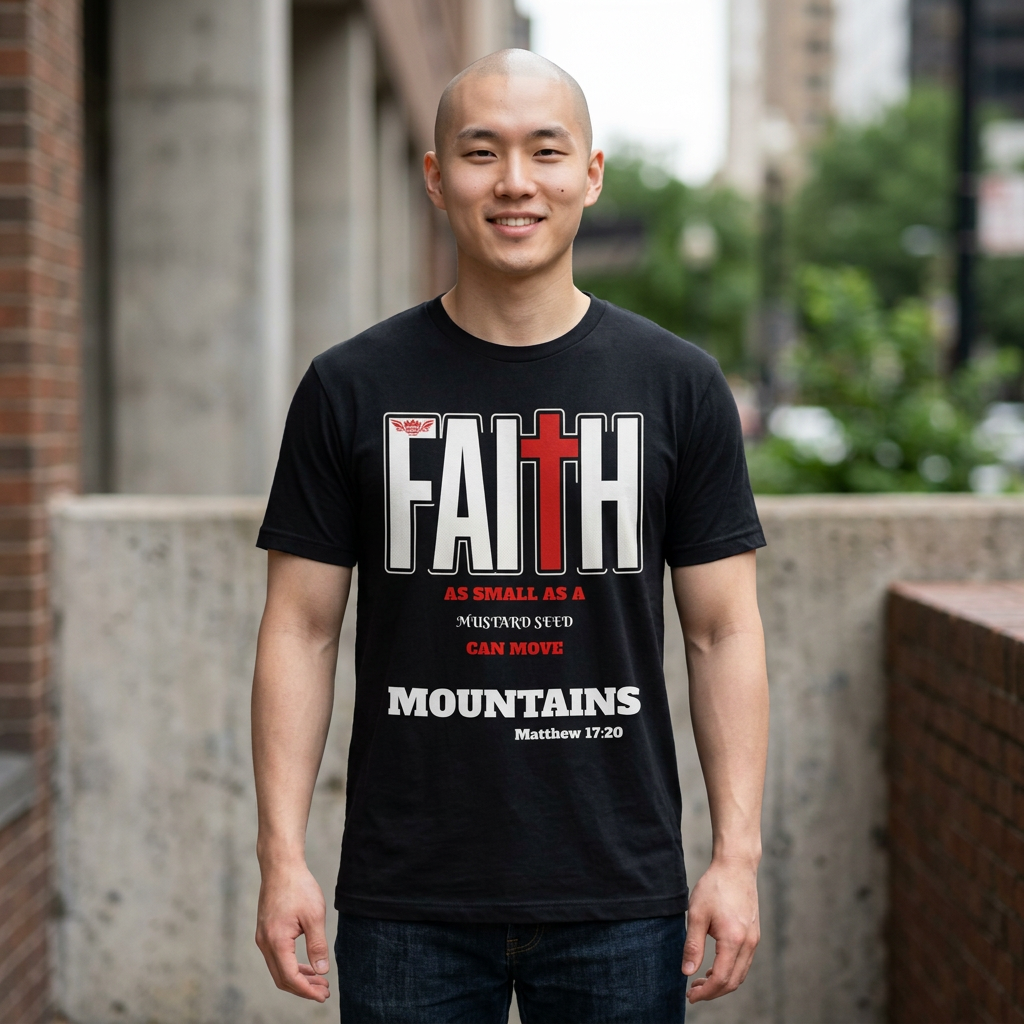 J...GGG s FAITH AS SMALL As small As A MUSTARD SEED red,black,white Graphic Tee — Faithwear