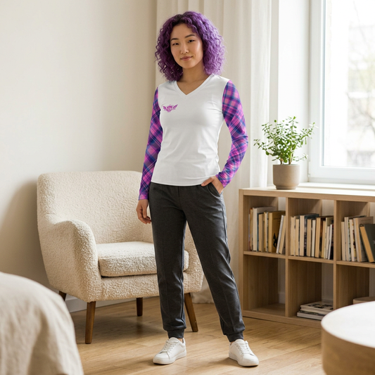 L...GGG c lite purple,white design Women's V‑Neck Long Sleeve — (petite to plus size)