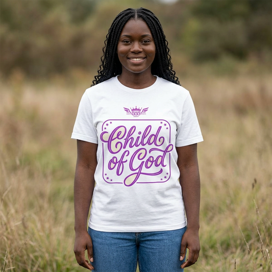 K...z GGG d CHILD OF GOD ,lite purple,white Graphic Tee — Faithwear