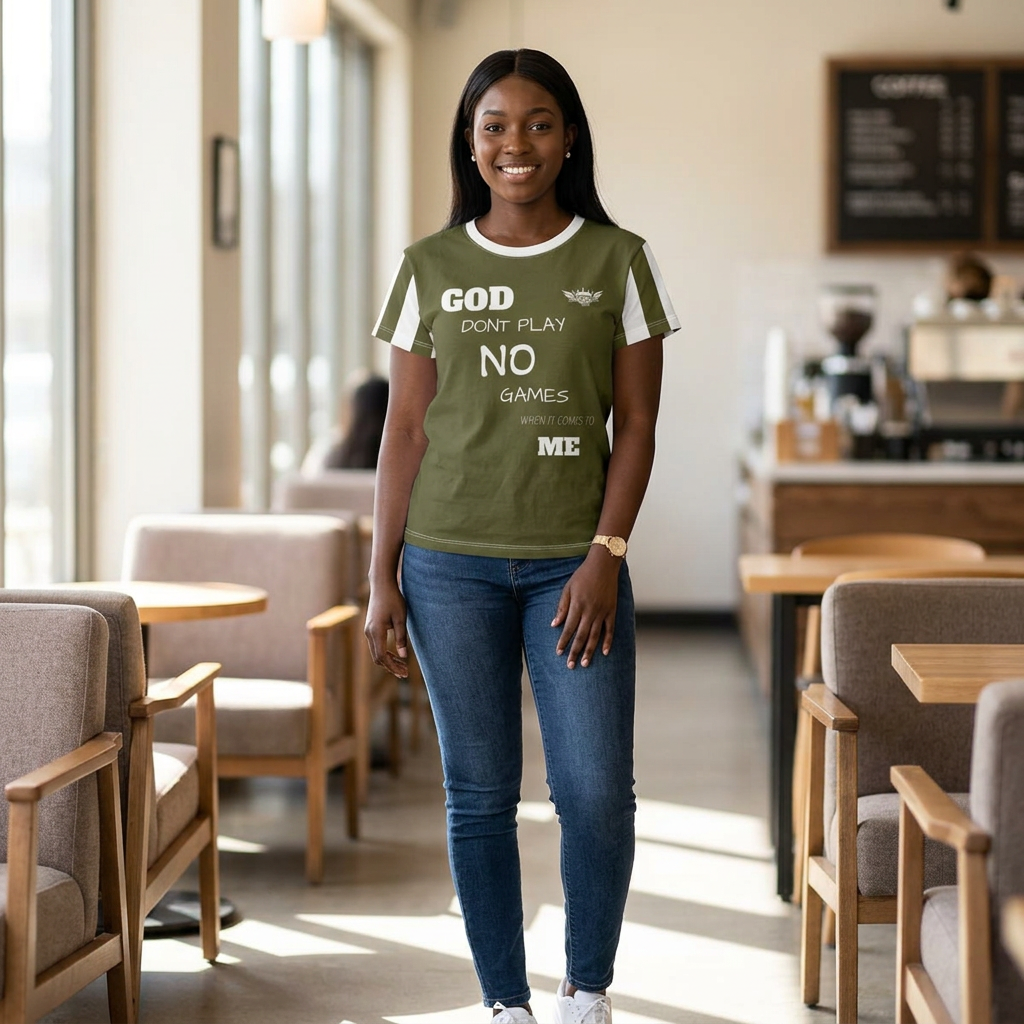 B...GGG -b.. GOD DONT PLAY NO GAMES WHEN IT COMES TO ME.....olive/white Women's Cut & Sew Tee