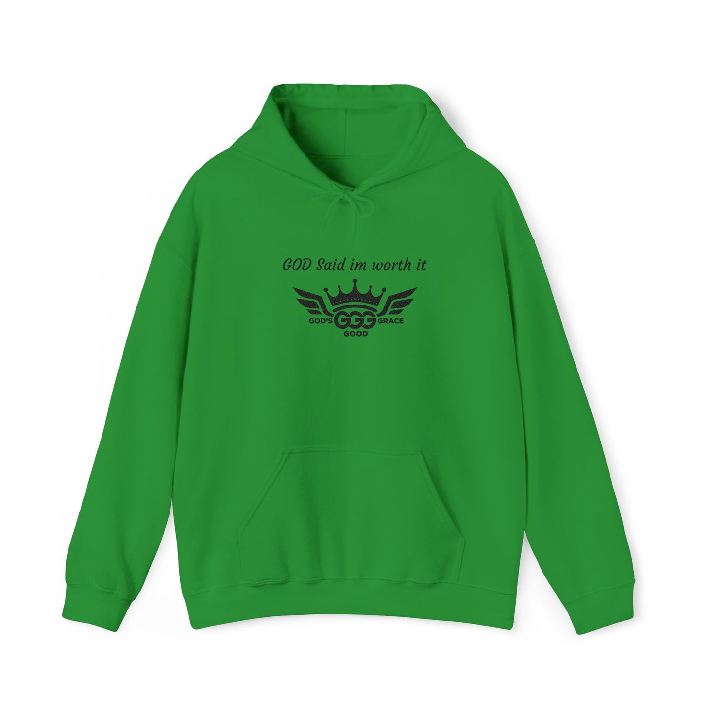 E...GGG a p Black Logo EMBROIDERY God said I'm worth it Hoodie MULTIPLE COLORS