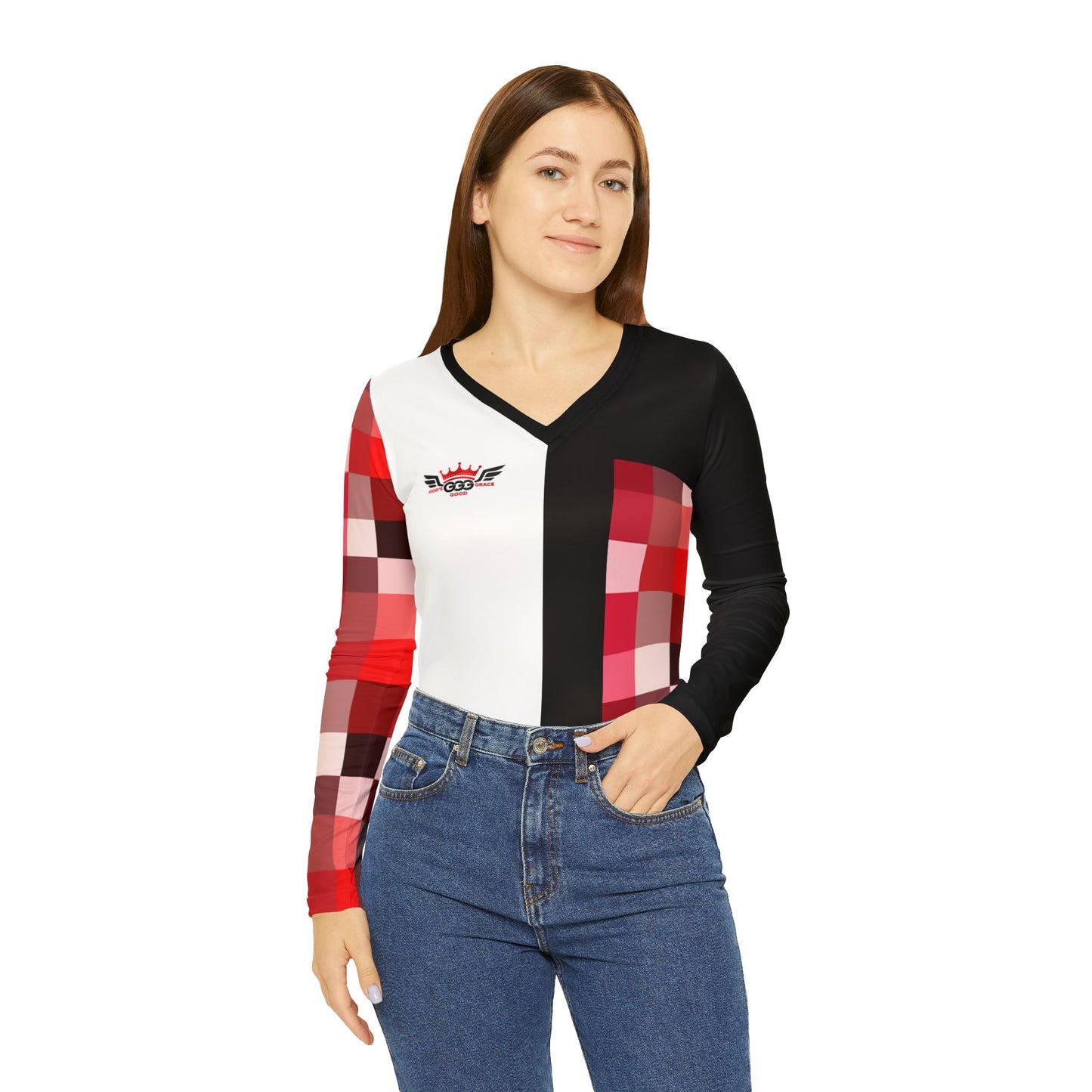 J...GGG red,black,white design Women's V‑Neck Long Sleeve — (petite to plus size)