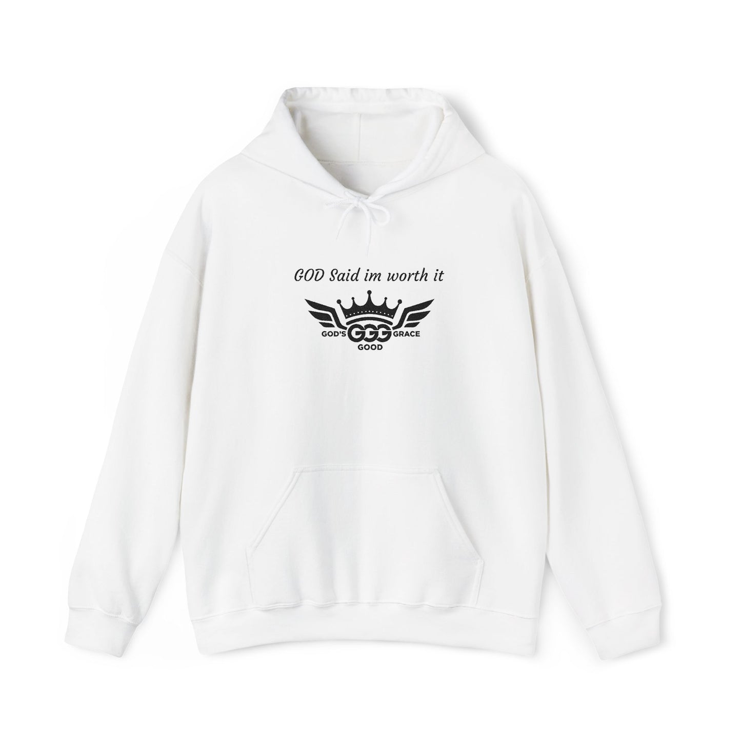 E...GGG a p Black Logo EMBROIDERY God said I'm worth it Hoodie MULTIPLE COLORS