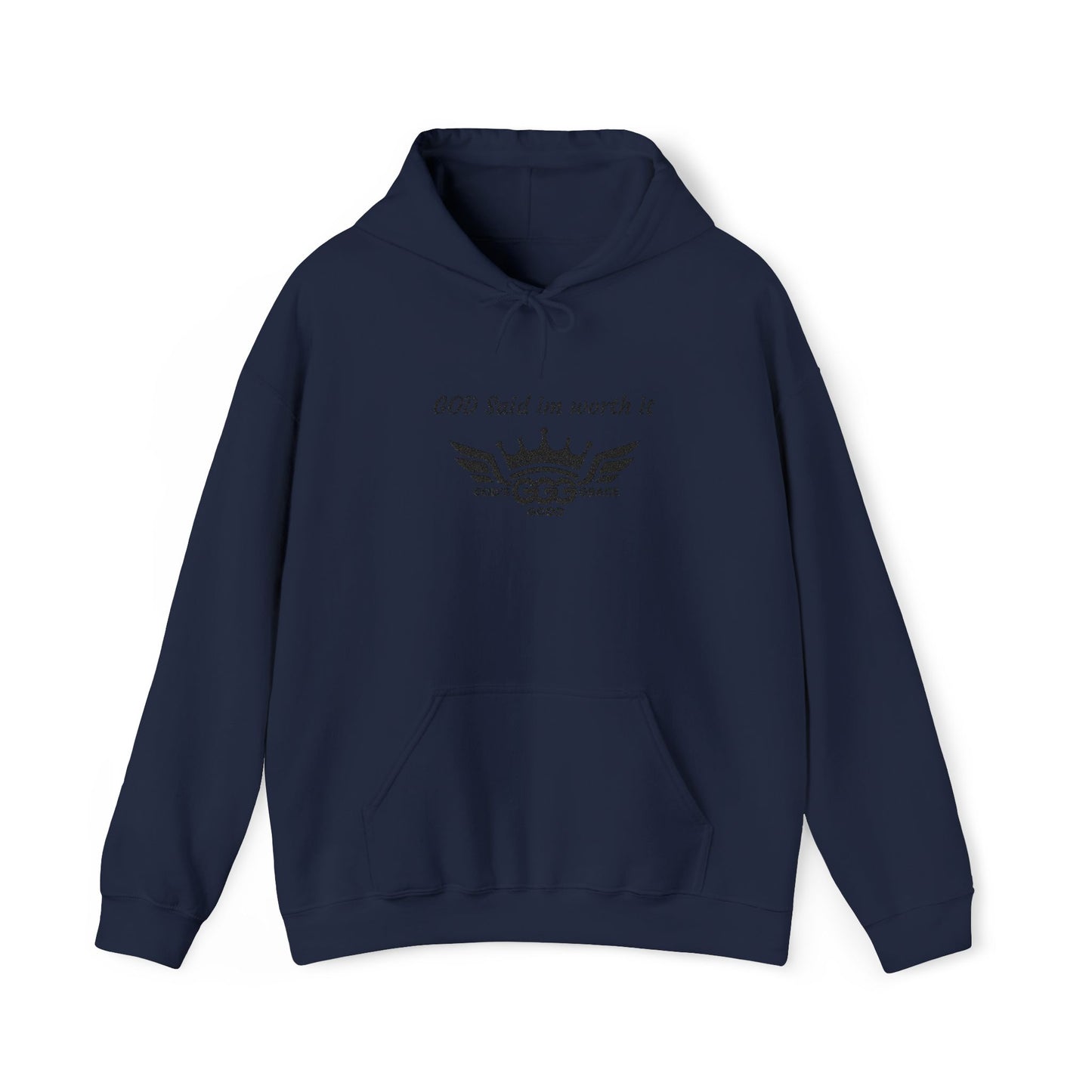 E...GGG a p Black Logo EMBROIDERY God said I'm worth it Hoodie MULTIPLE COLORS
