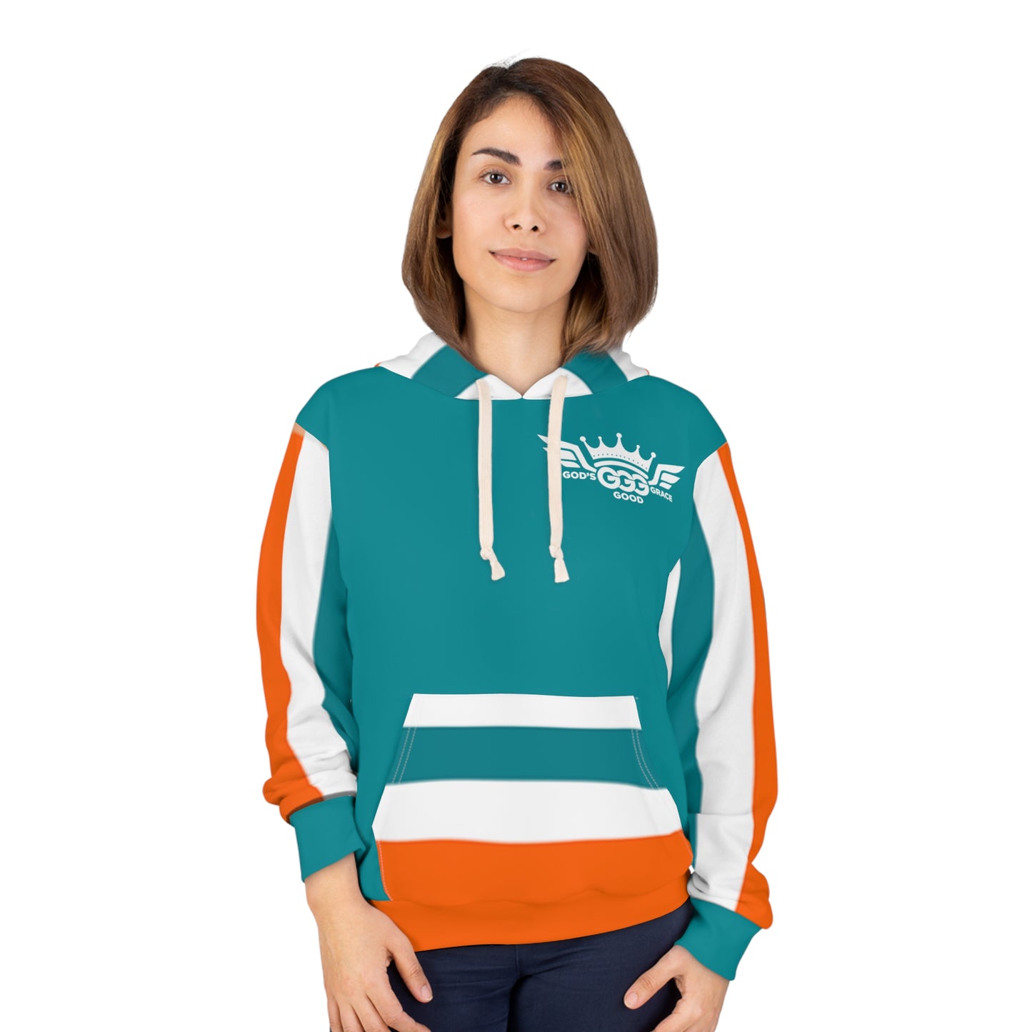 B...WHITE LOGO orange/white design..turquoise Unisex Pullover Hoodie (AOP)