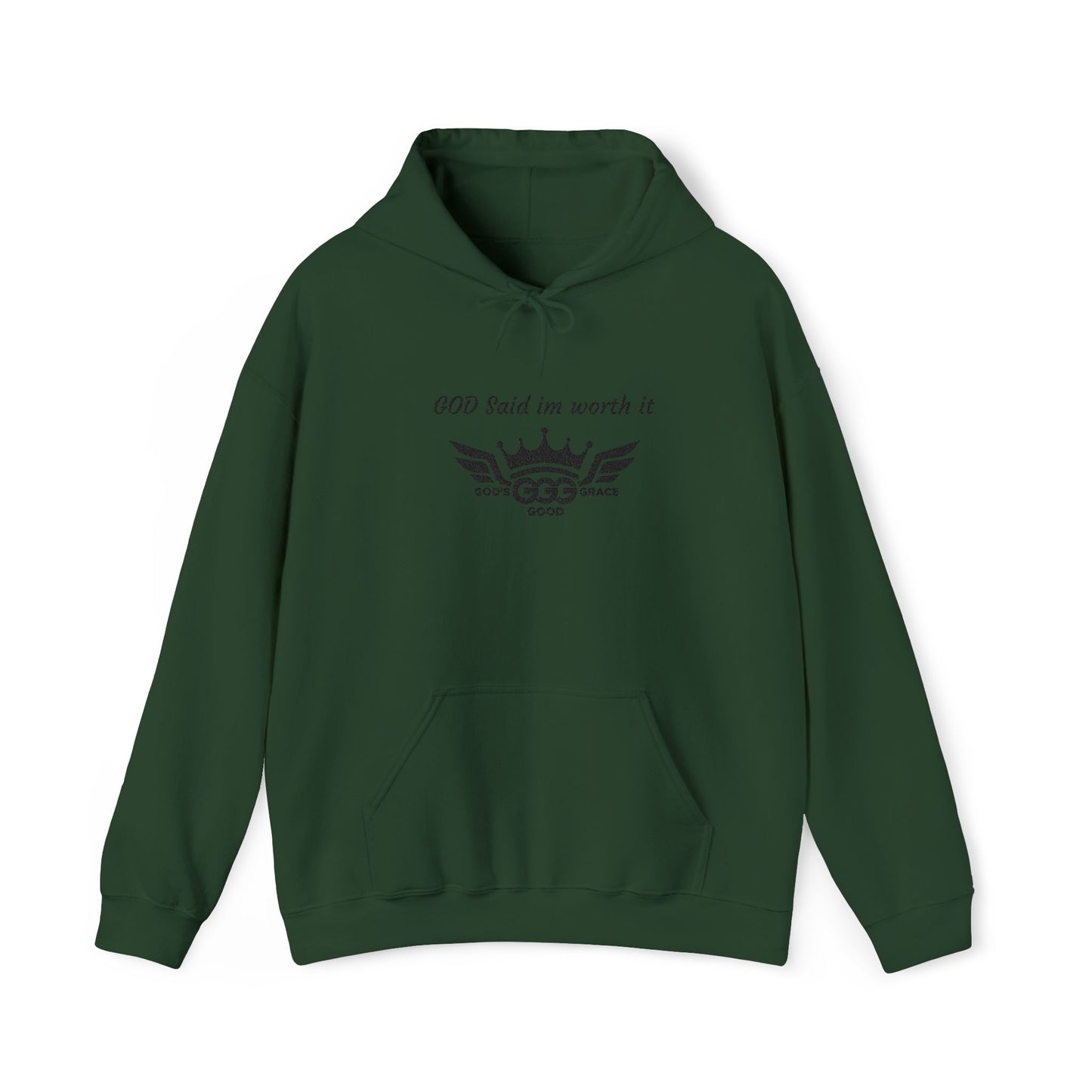 E...GGG a p Black Logo EMBROIDERY God said I'm worth it Hoodie MULTIPLE COLORS
