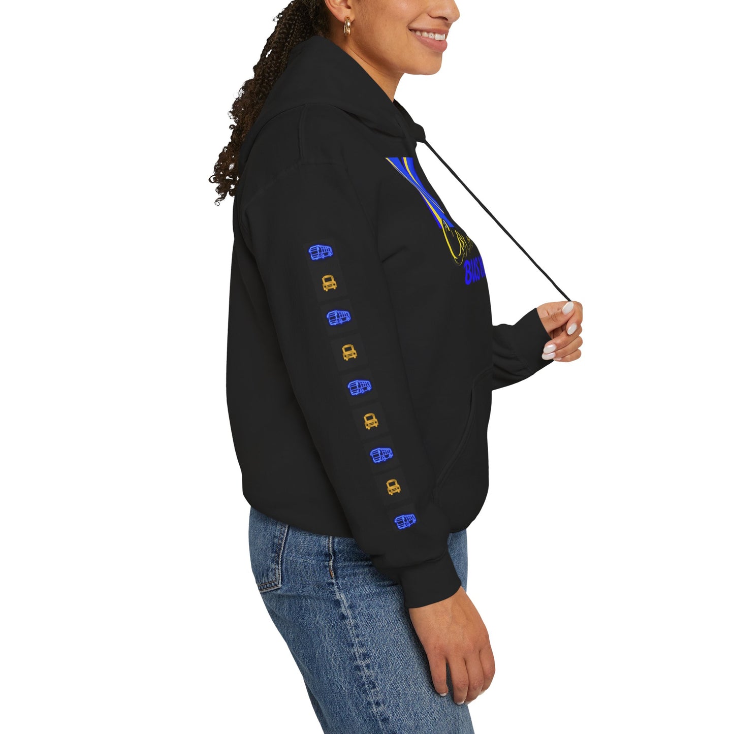 Z...c..NFCL WORK ATTIRE Niagara Falls Coach Lines Hoodie with yellow/blue/black Sleeve Graphics