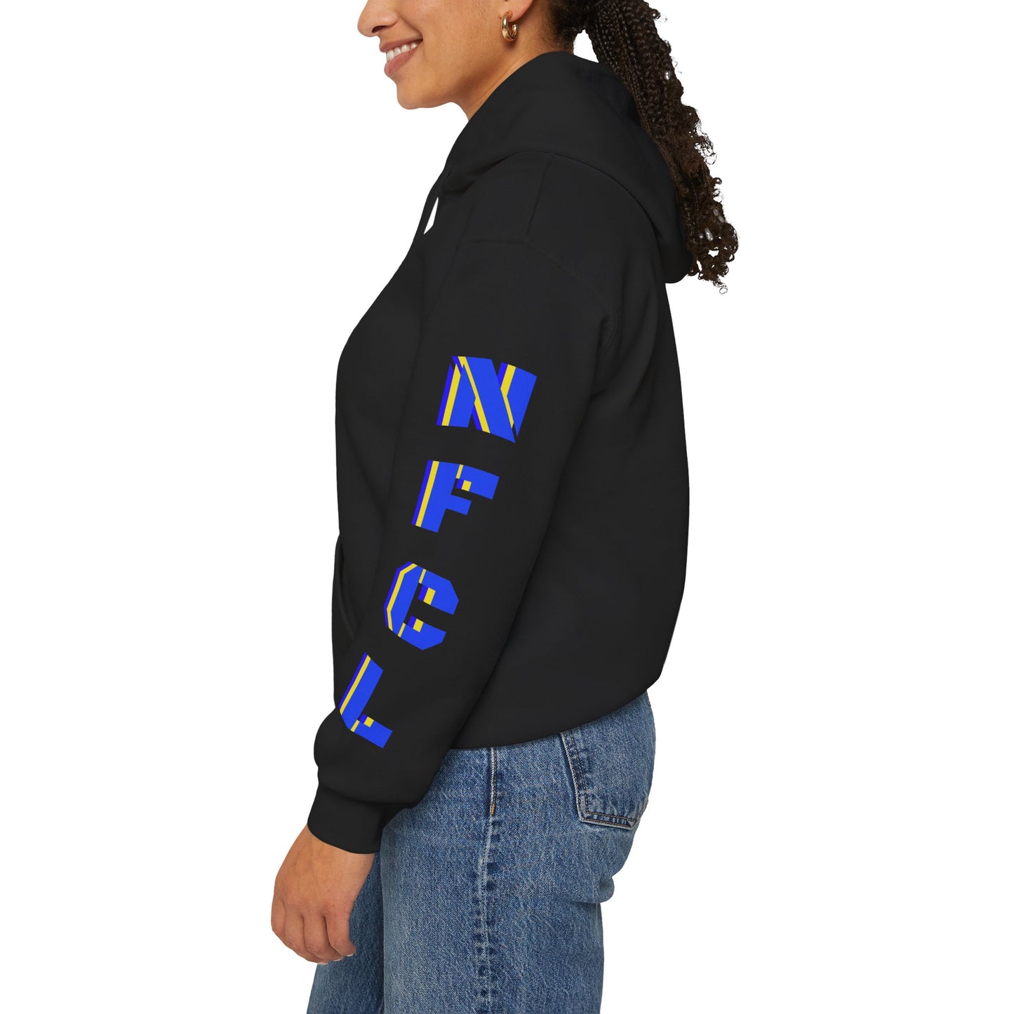 Z...c..NFCL WORK ATTIRE Niagara Falls Coach Lines Hoodie with yellow/blue/black Sleeve Graphics