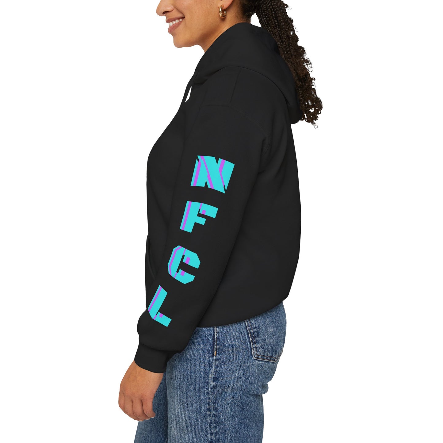 Z...e..NFCL WORK ATTIRE Niagara Falls Coach Lines Hoodie with turquoise/purple/black Sleeve Graphics