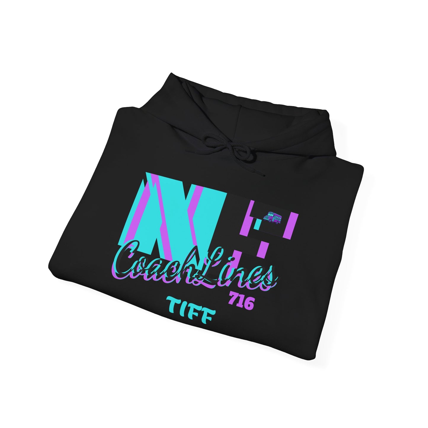 Zzz_TIFF CUSTOMIZED....NFCL WORK ATTIRE Niagara Falls Coach Lines Hoodie with turquoise/purple/black Sleeve Graphics