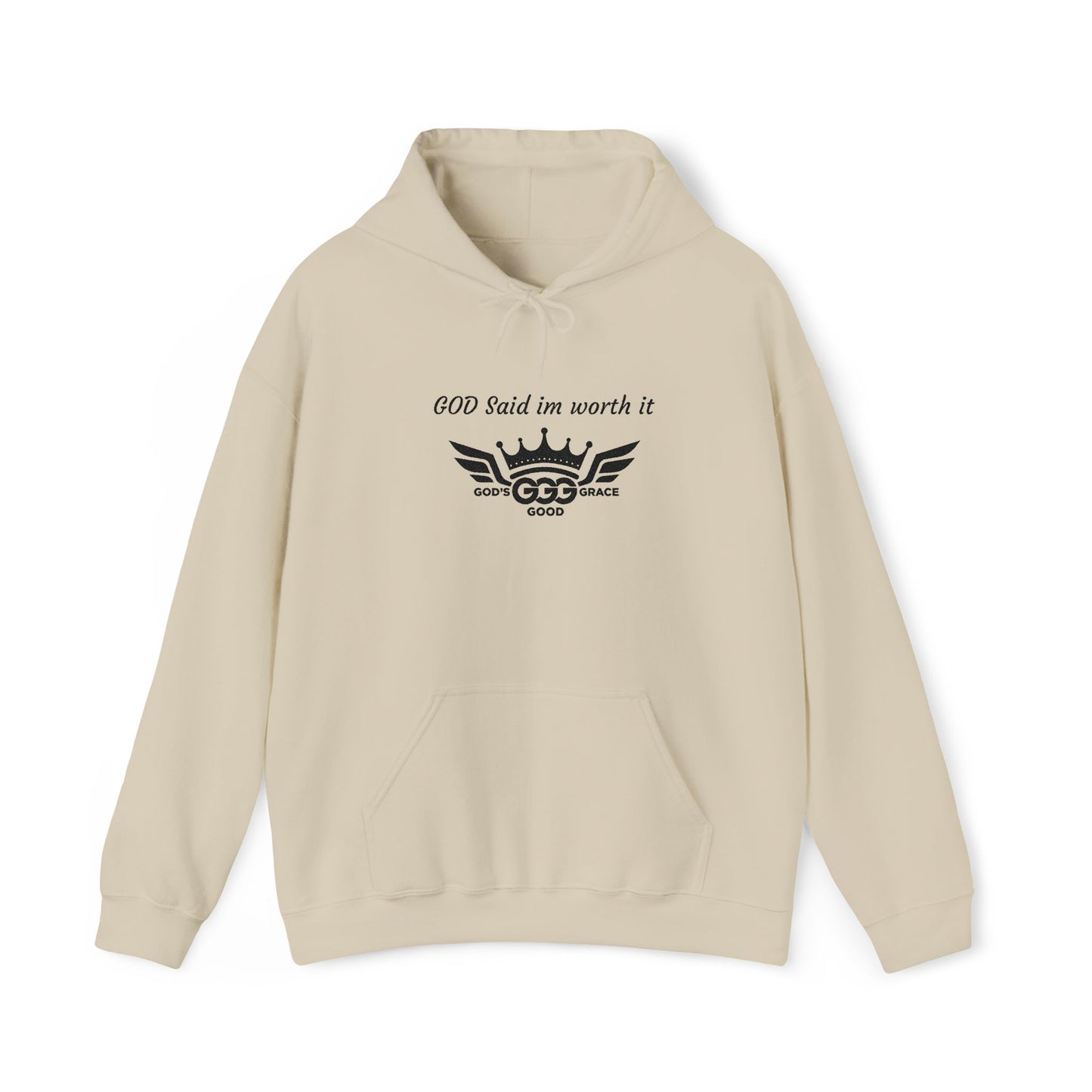 E...GGG a p Black Logo EMBROIDERY God said I'm worth it Hoodie MULTIPLE COLORS