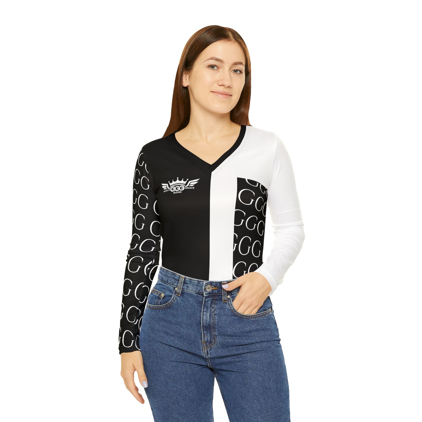 F...black GGG design z Women's V‑Neck Long Sleeve — (petite to plus size)