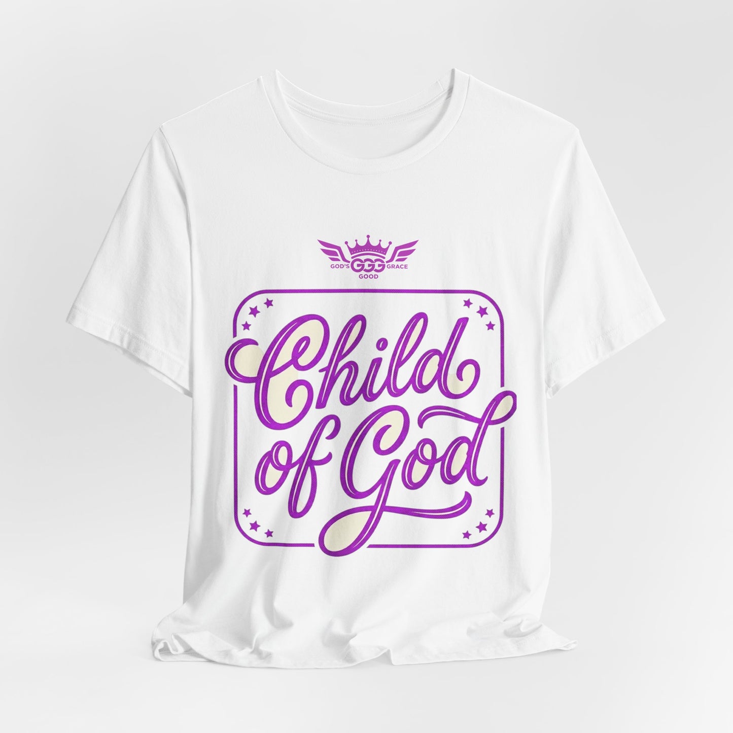 K...z GGG d CHILD OF GOD ,lite purple,white Graphic Tee — Faithwear