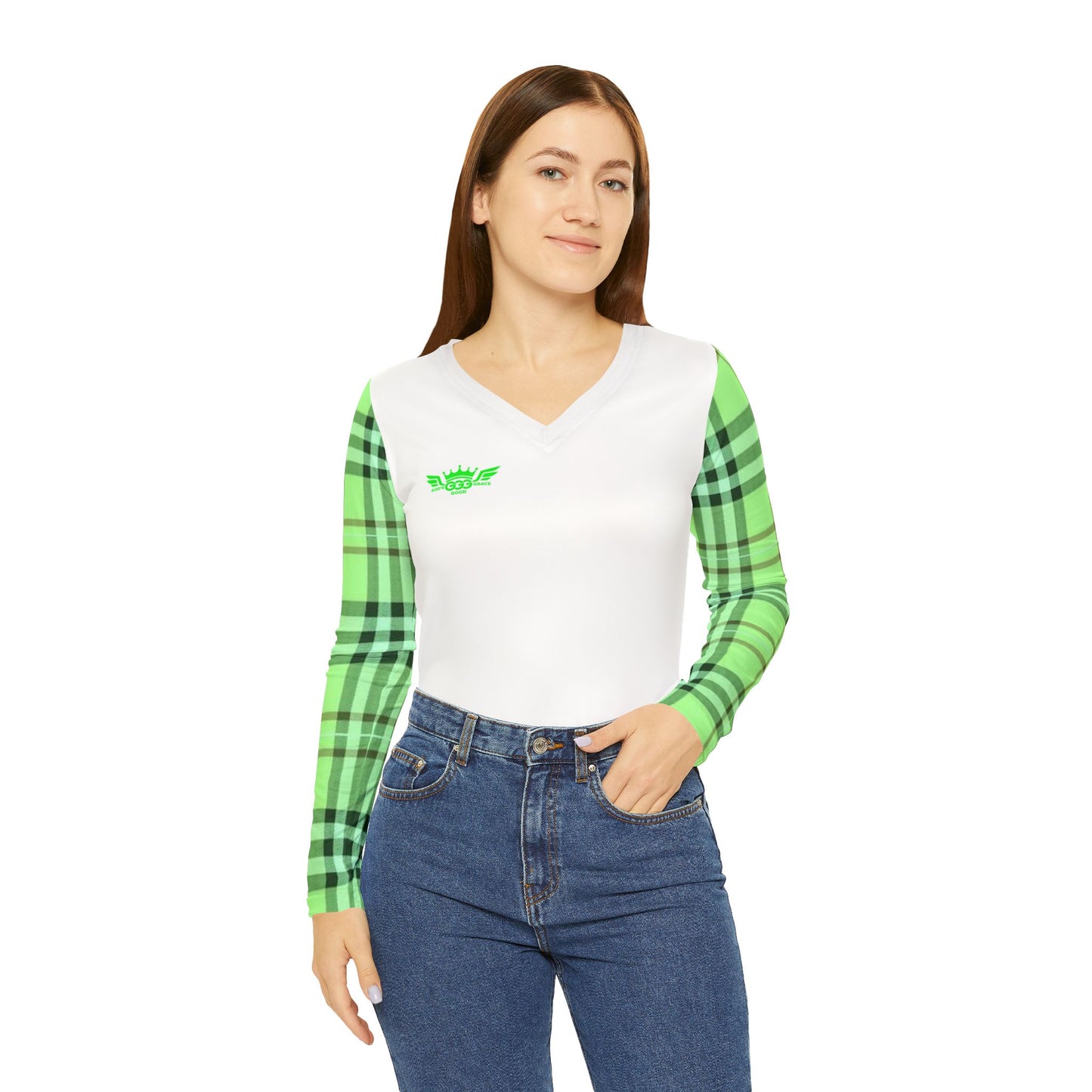 K...GGG fluorescent green,white design Women's V‑Neck Long Sleeve — (petite to plus size)