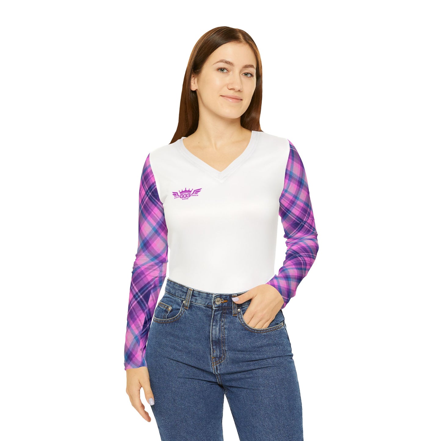 L...GGG c lite purple,white design Women's V‑Neck Long Sleeve — (petite to plus size)