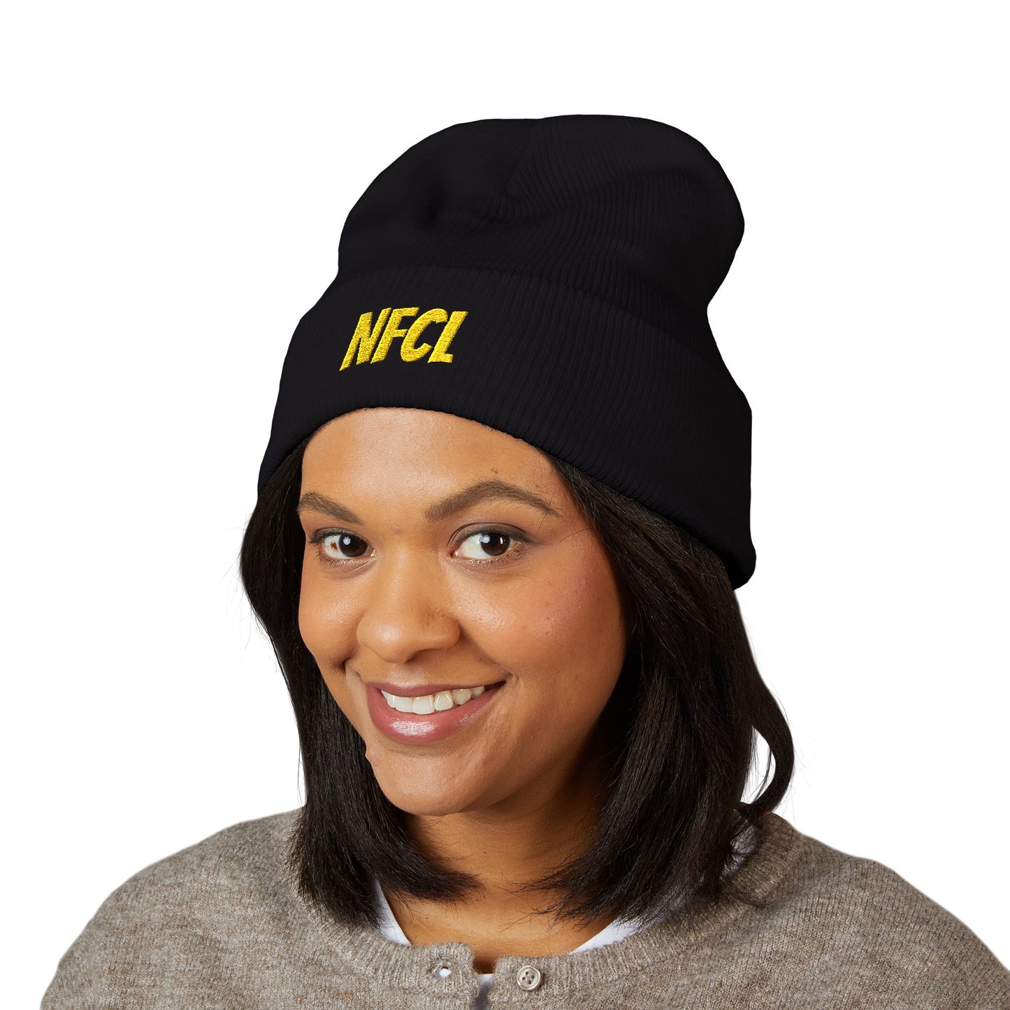 Z...NFCL WORK ATTIRE Embroidered Classic Cuffed Beanie — Black/yellow Knit Winter Hat