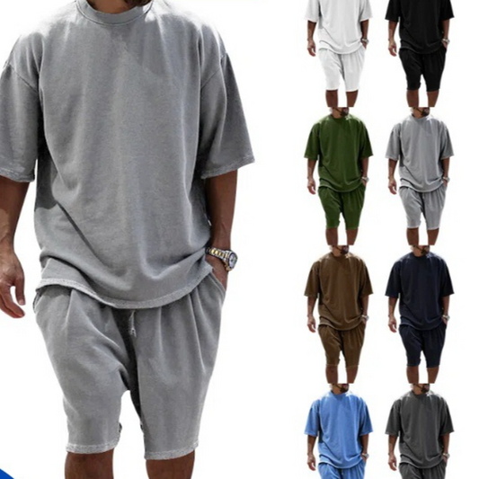 E...Men's Casual Short Sleeve Shorts Set