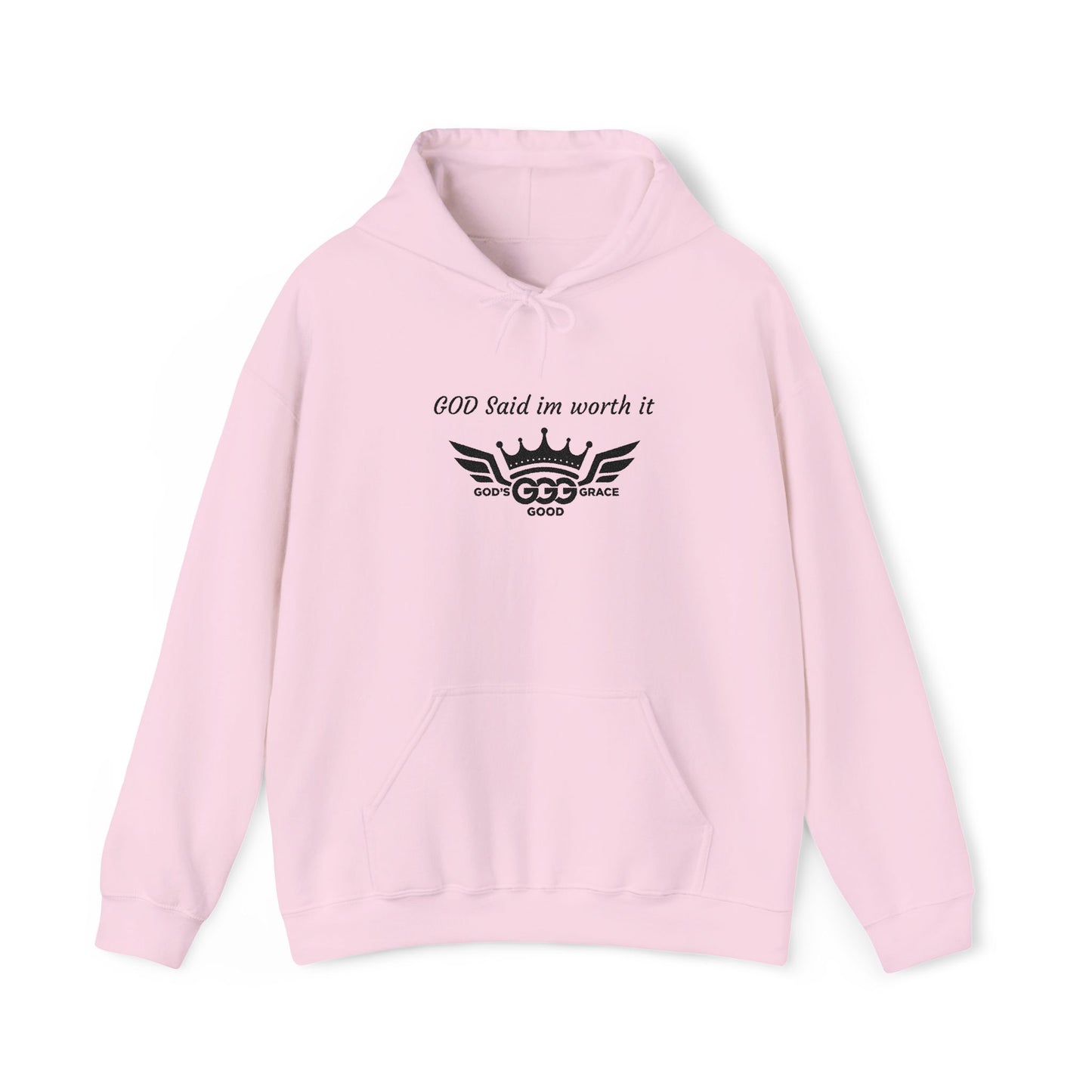 E...GGG a p Black Logo EMBROIDERY God said I'm worth it Hoodie MULTIPLE COLORS