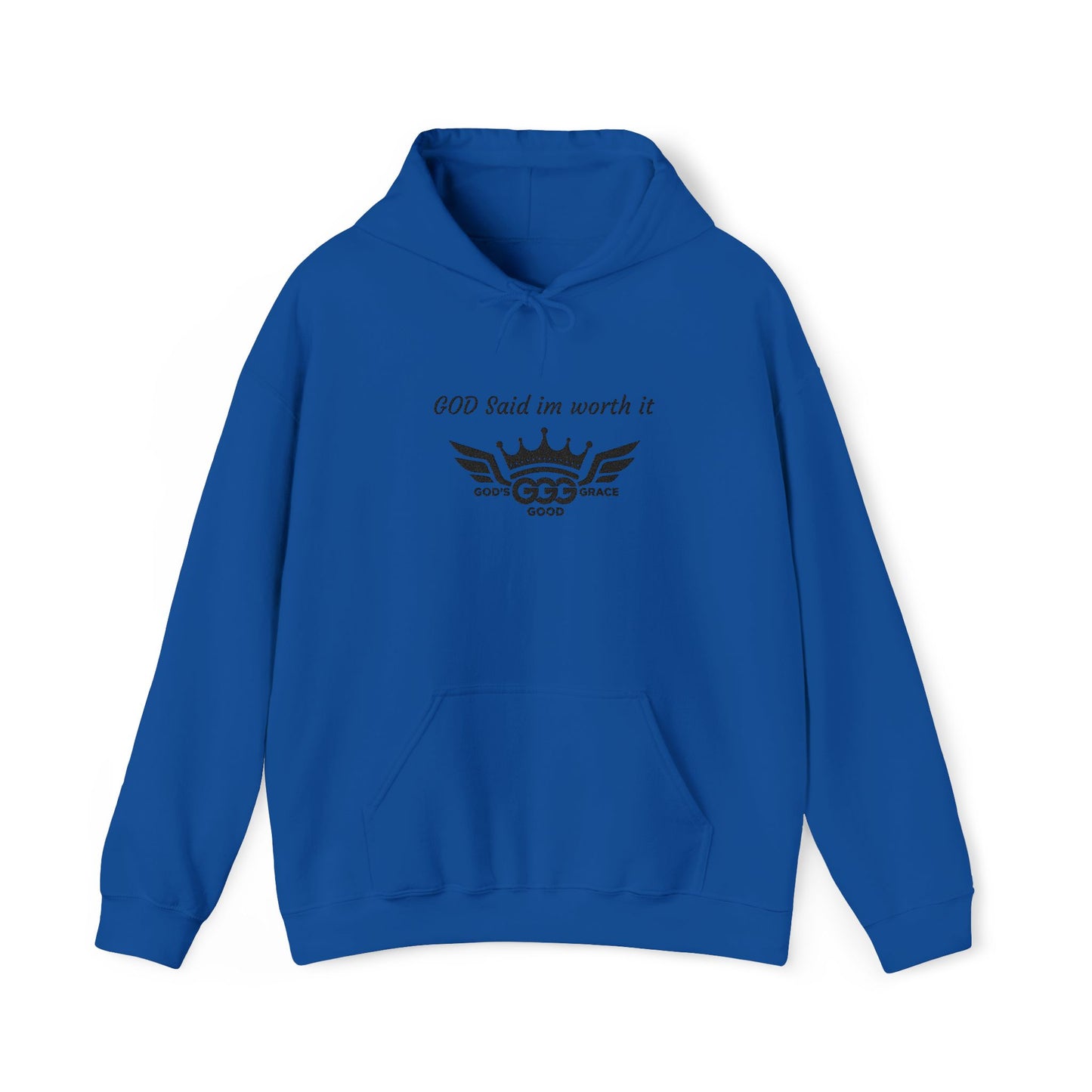 E...GGG a p Black Logo EMBROIDERY God said I'm worth it Hoodie MULTIPLE COLORS