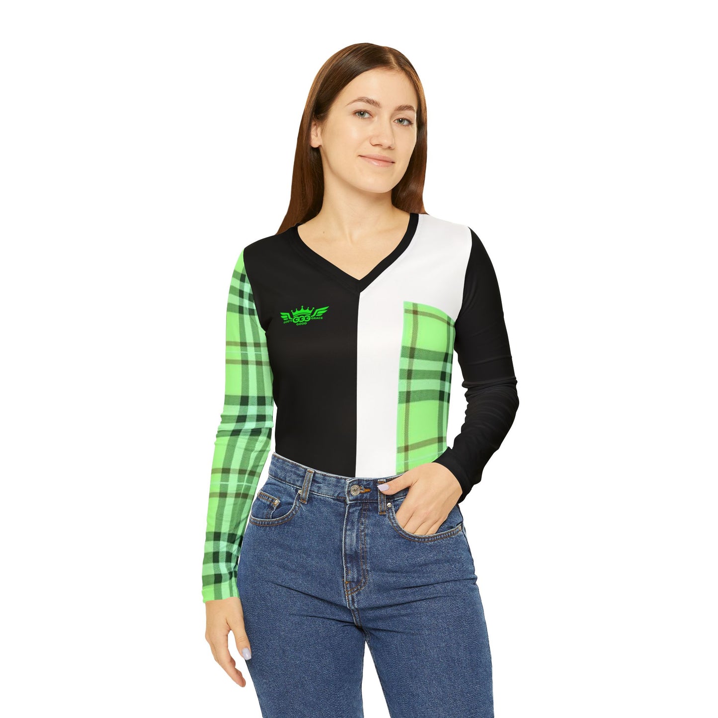 H...GGG fluorescent green,black,white design Women's V‑Neck Long Sleeve — (petite to plus size)