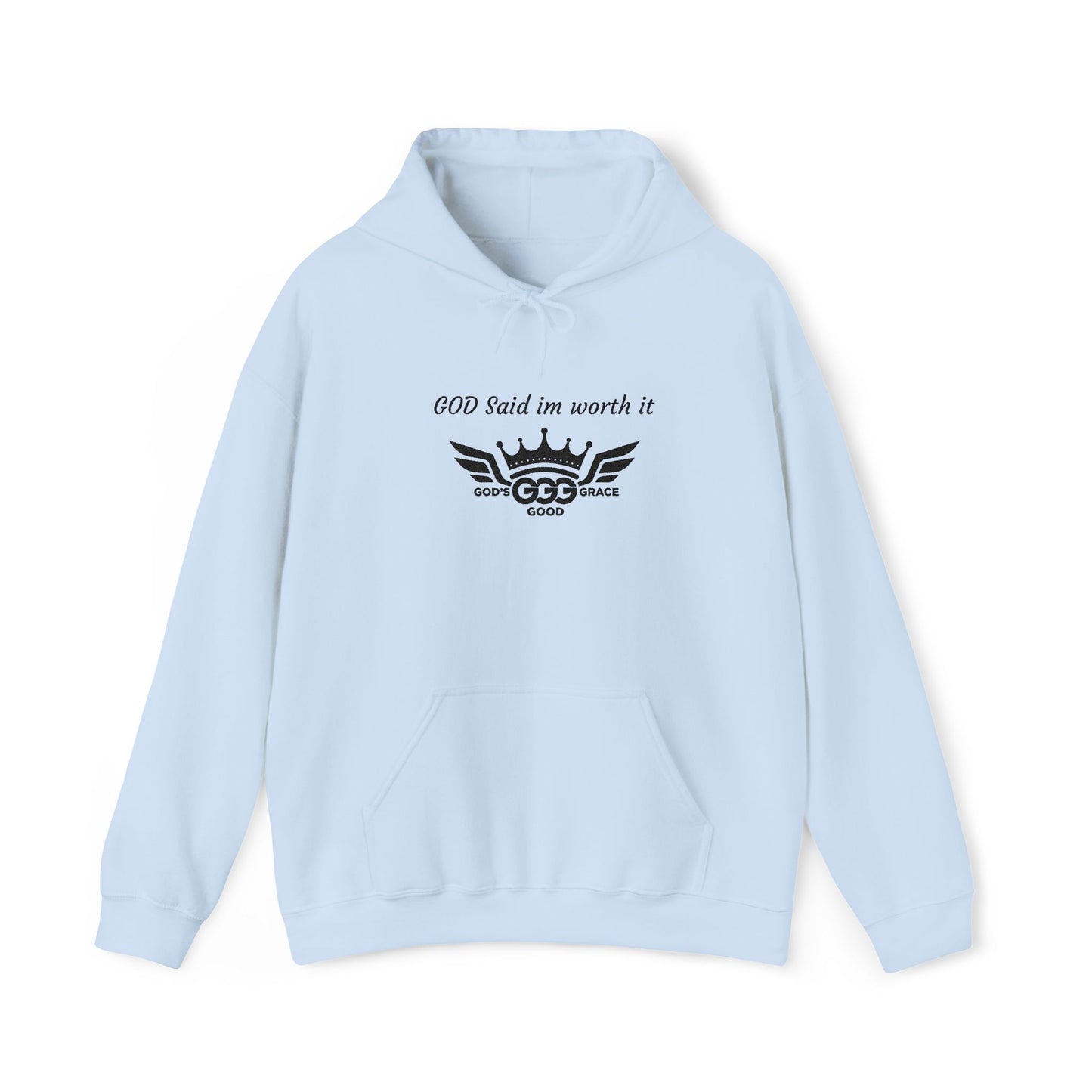 E...GGG a p Black Logo EMBROIDERY God said I'm worth it Hoodie MULTIPLE COLORS