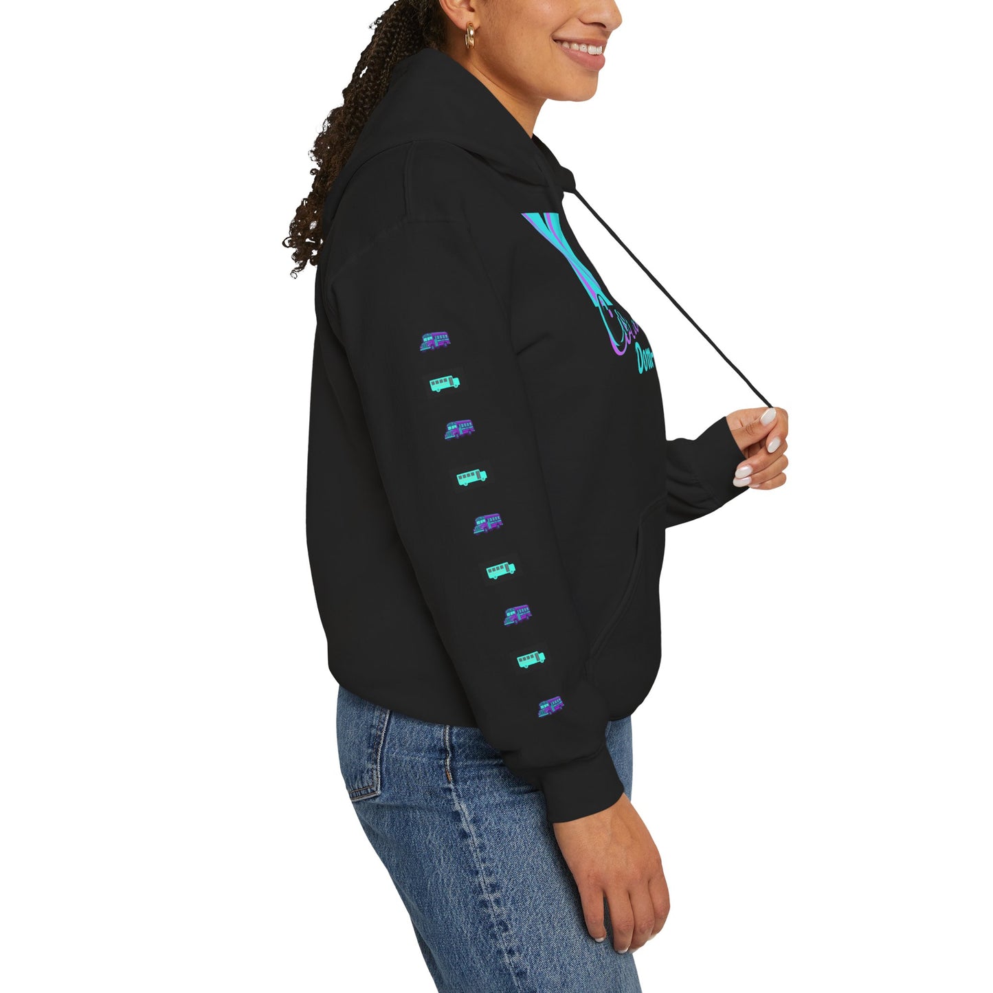 Zzz_CUSTOMIZED for DOM UNIQUE....NFCL WORK ATTIRE Niagara Falls Coach Lines Hoodie with turquoise/purple/black Sleeve Graphics