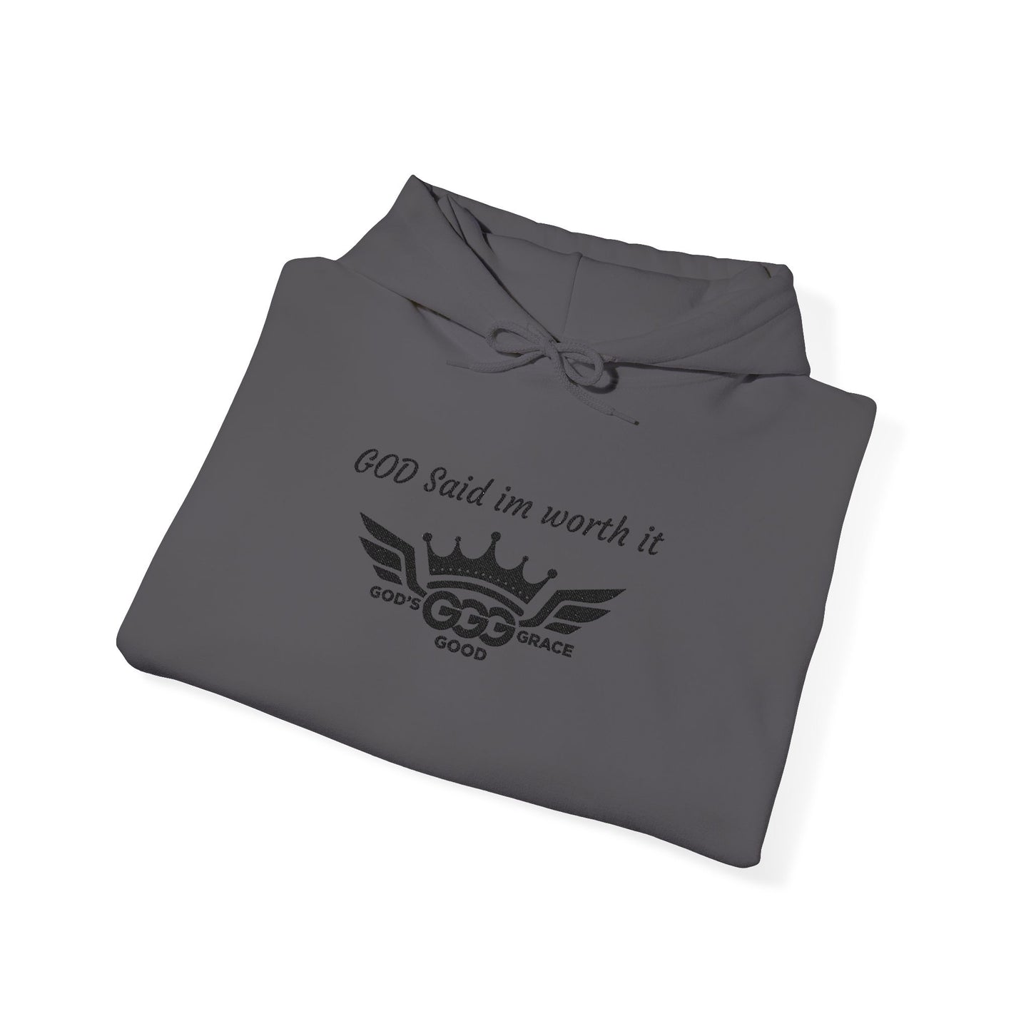 E...GGG a p Black Logo EMBROIDERY God said I'm worth it Hoodie MULTIPLE COLORS